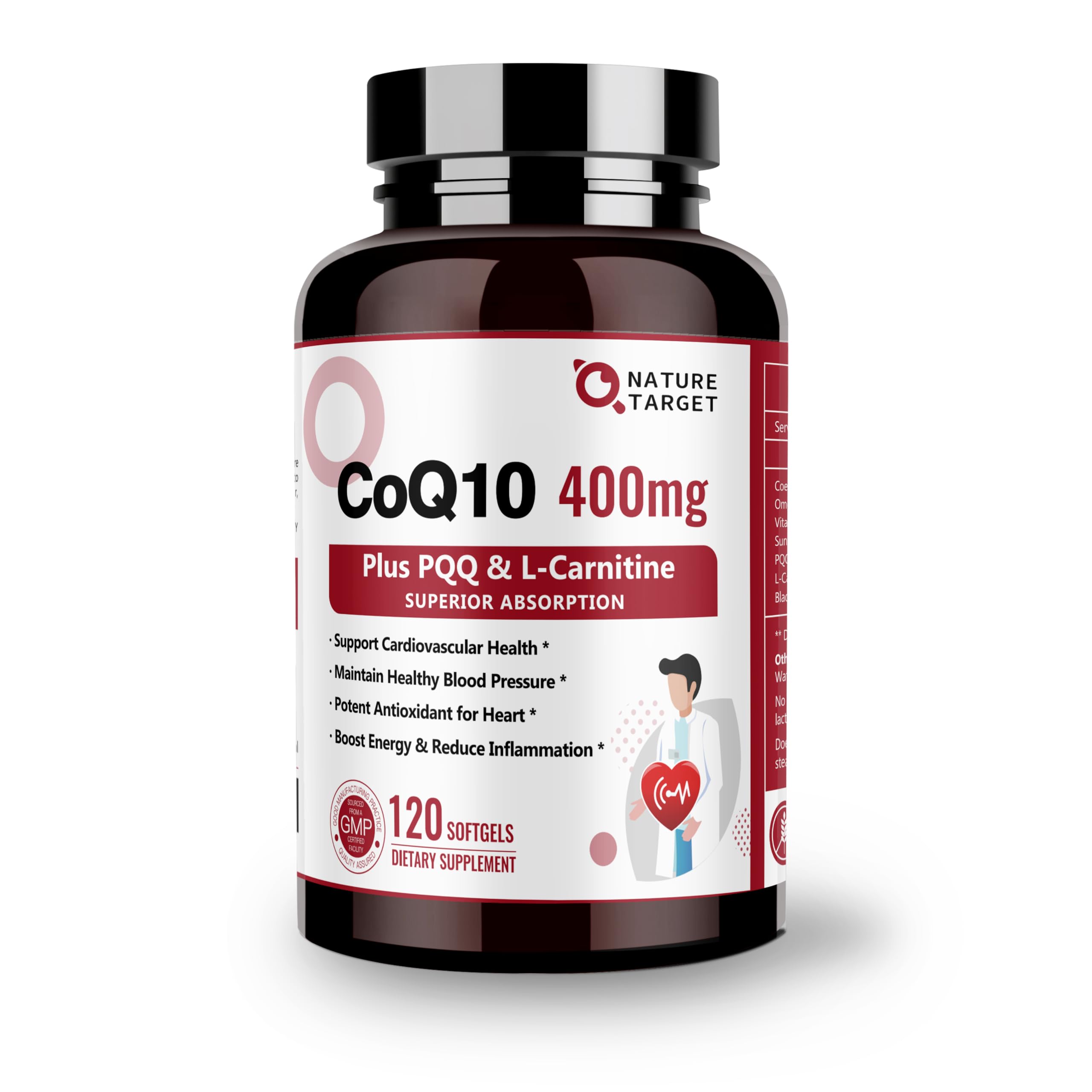 Nature Target CoQ10 400mg with PQQ, Omega-3s & L-Carnitine – High-Absorption CoQ10 with BioPerine | 120 Servings