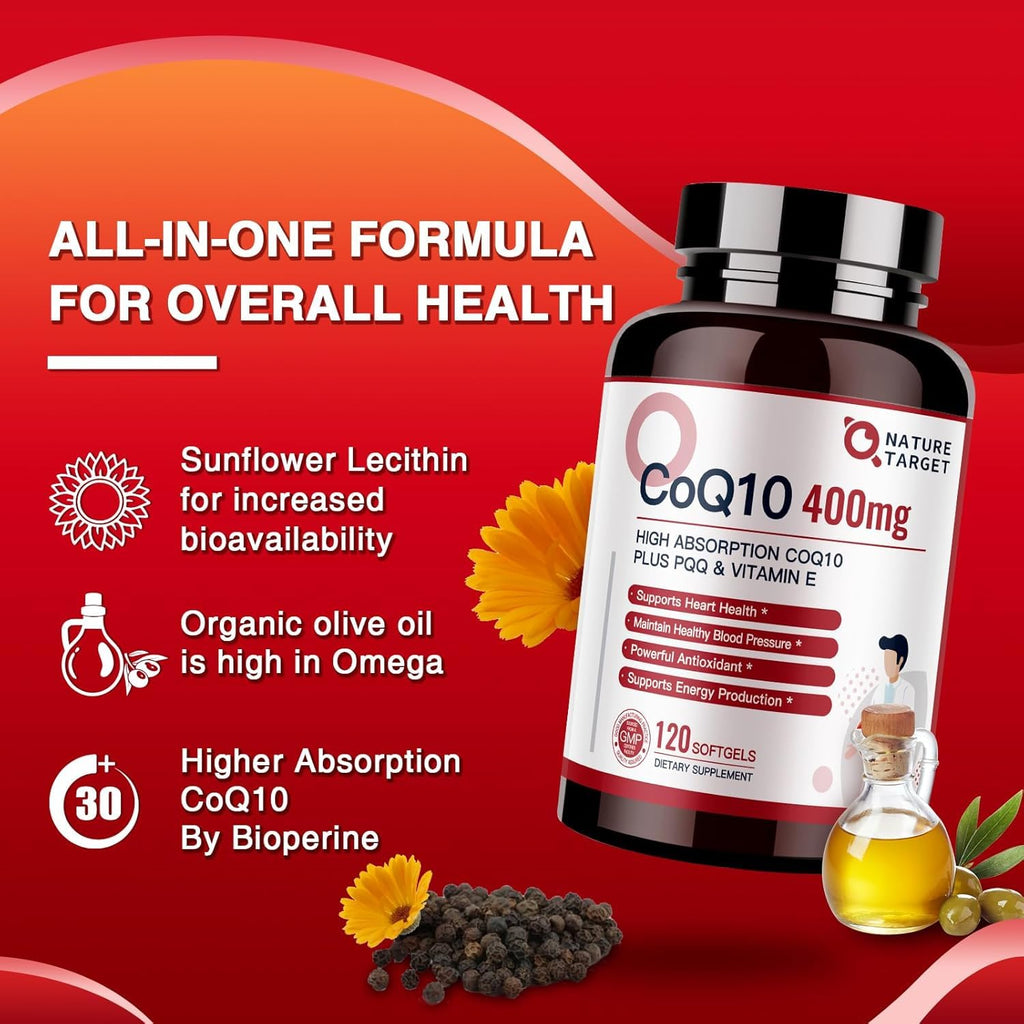 NATURE TARGET CoQ10 400mg + PQQ with Vitamin E & Organic Olive Oil
