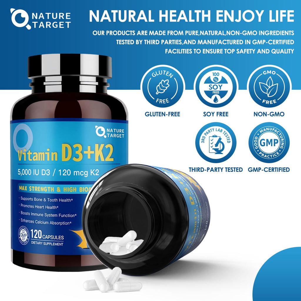 NATURE TARGET Vitamin D3 K2 with Calcium & Magnesium — 6-in-1 Bone & Heart Support, 5000 IU D3, 120 mcg K2 | Gluten-Free, 120 Servings