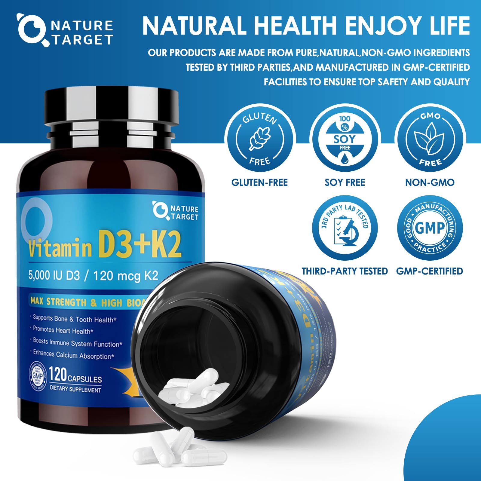 NATURE TARGET Vitamin D3 K2 with Calcium & Magnesium — 6-in-1 Bone & Heart Support, 5000 IU D3, 120 mcg K2 | Gluten-Free, 120 Servings