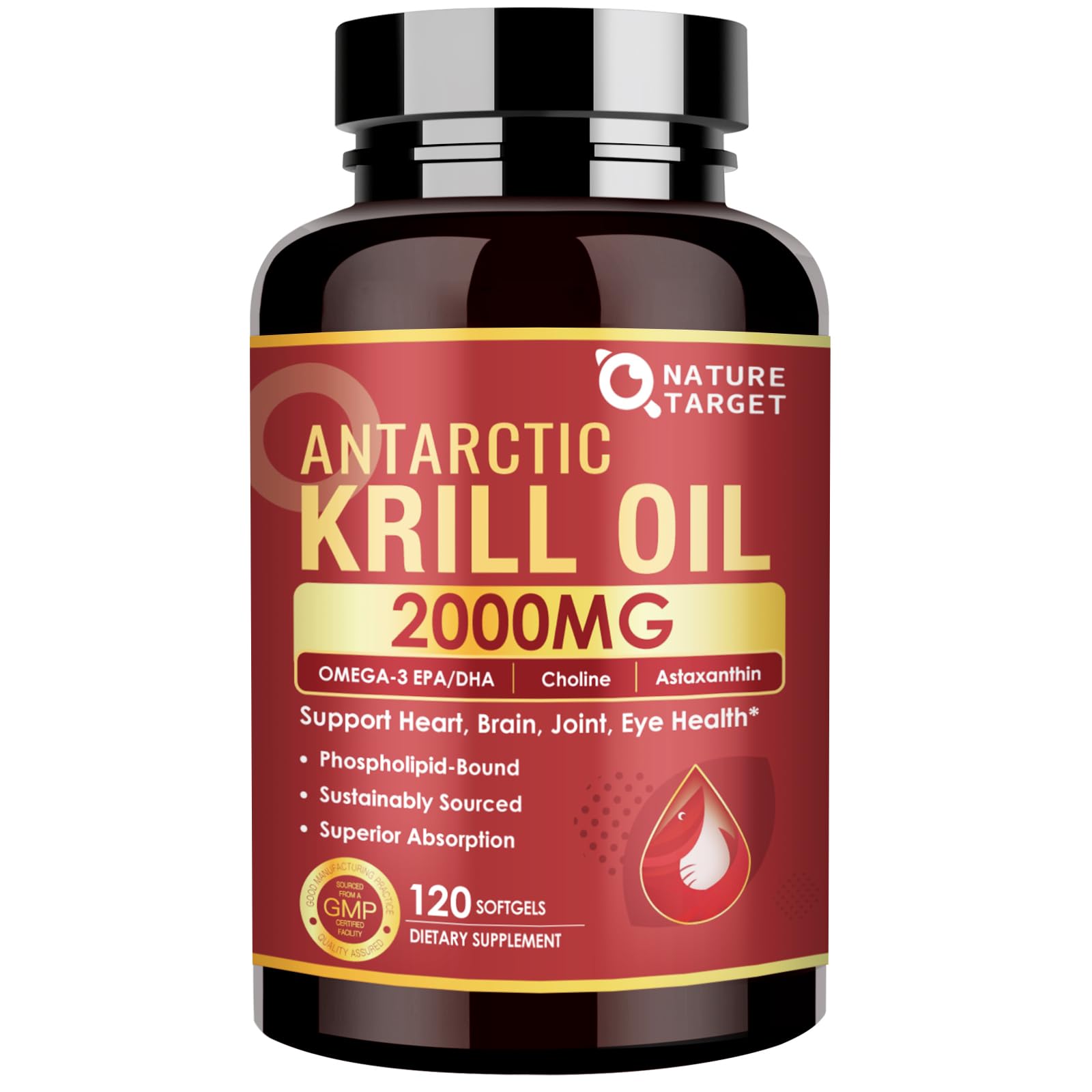 NATURE TARGET Krill Oil 2000 mg with Omega-3 EPA & DHA, Choline & Astaxanthin – 120 Softgels (60 Servings) | Heart, Brain, Joint, Eye Health | Non-GMO, Gluten Free