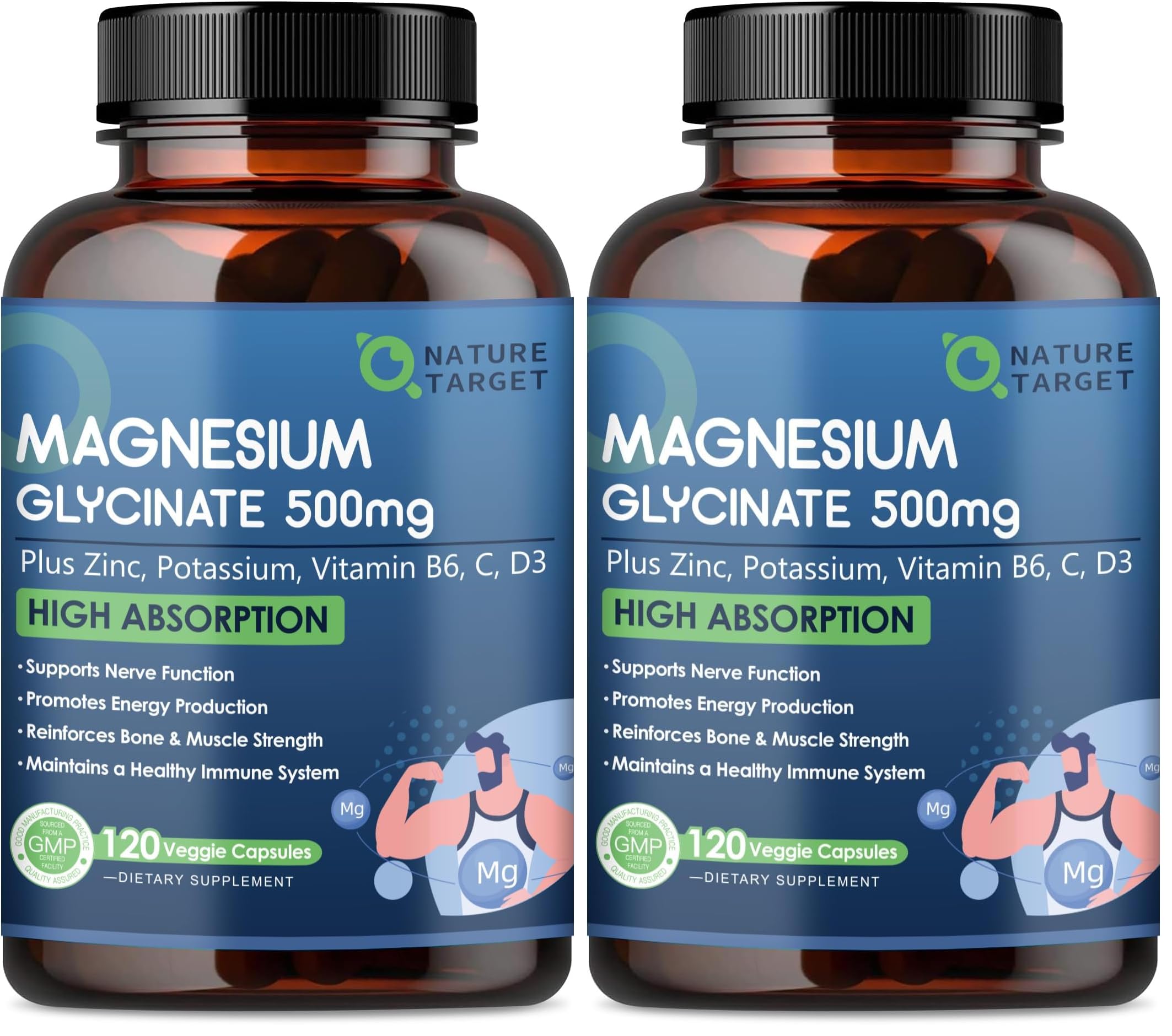 NATURE TARGET Magnesium Glycinate 500mg with Zinc & Vitamin D3 – Muscle, Nerve & Bone Support, Heart Health & Immune Support (Pack of 2, 240 Capsules)