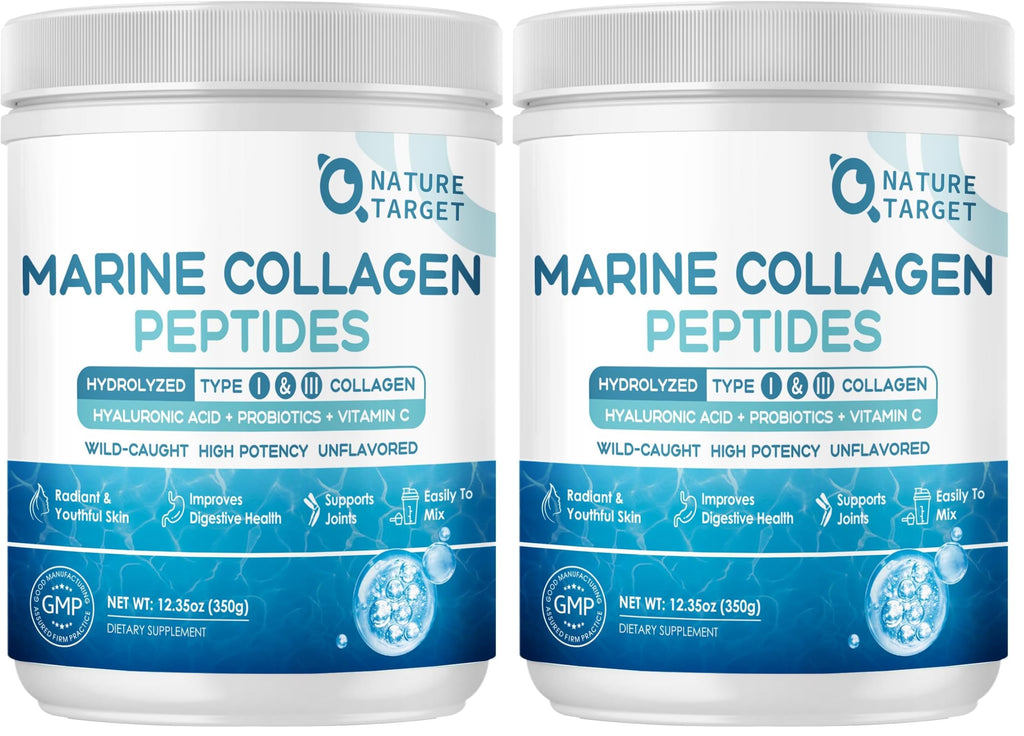 NATURE TARGET Marine Collagen Peptides Powder – Type I & III with Probiotics, Vitamin C & Hyaluronic Acid | 2 x 35 Servings