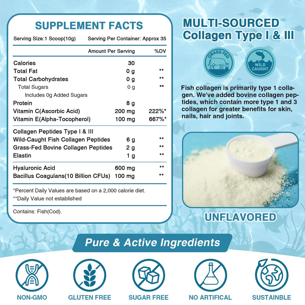 NATURE TARGET Marine Collagen Peptides Powder – Type I & III with Probiotics, Vitamin C & Hyaluronic Acid | 2 x 35 Servings