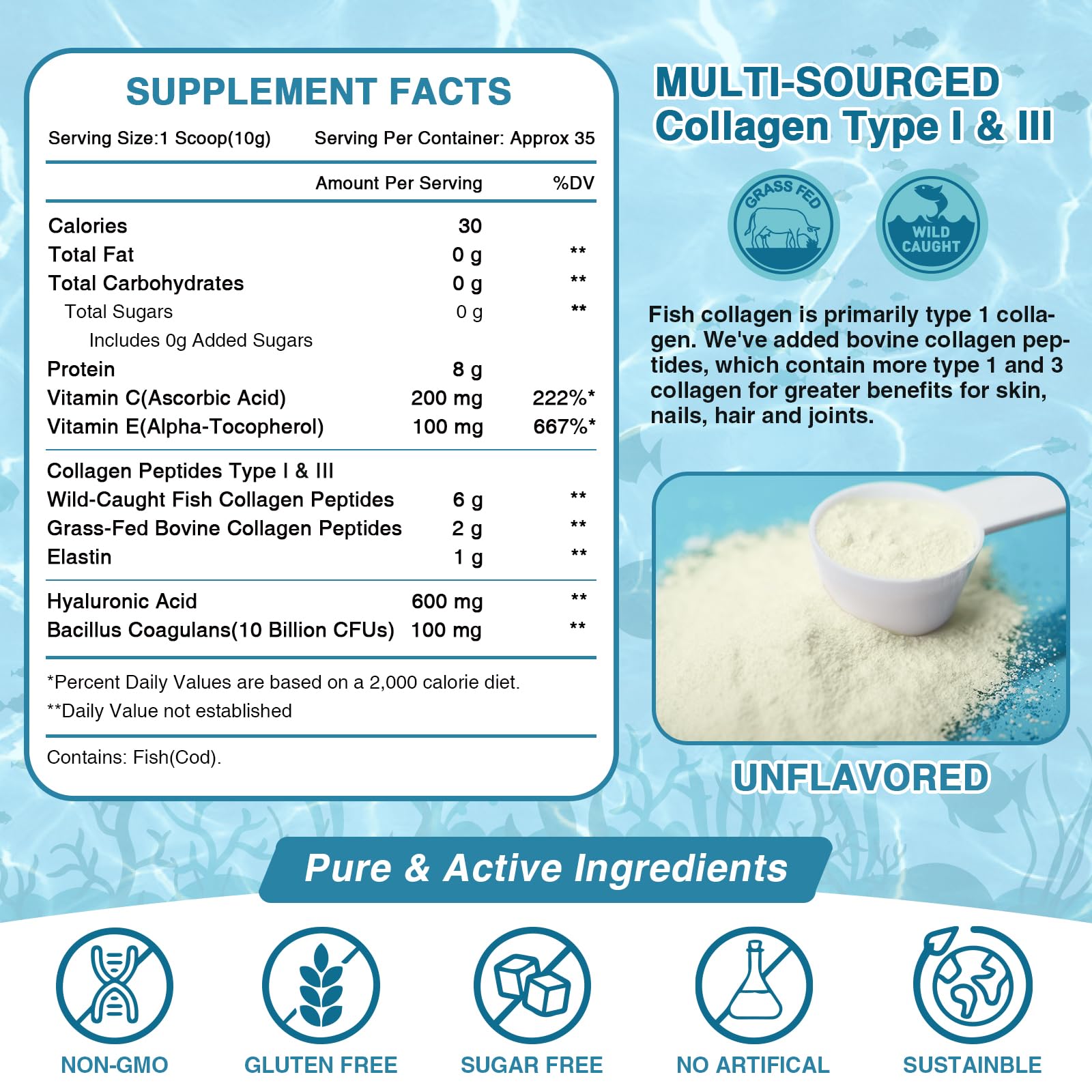 NATURE TARGET Marine Collagen Peptides Powder – Type I & III with Probiotics, Vitamin C & Hyaluronic Acid | 2 x 35 Servings