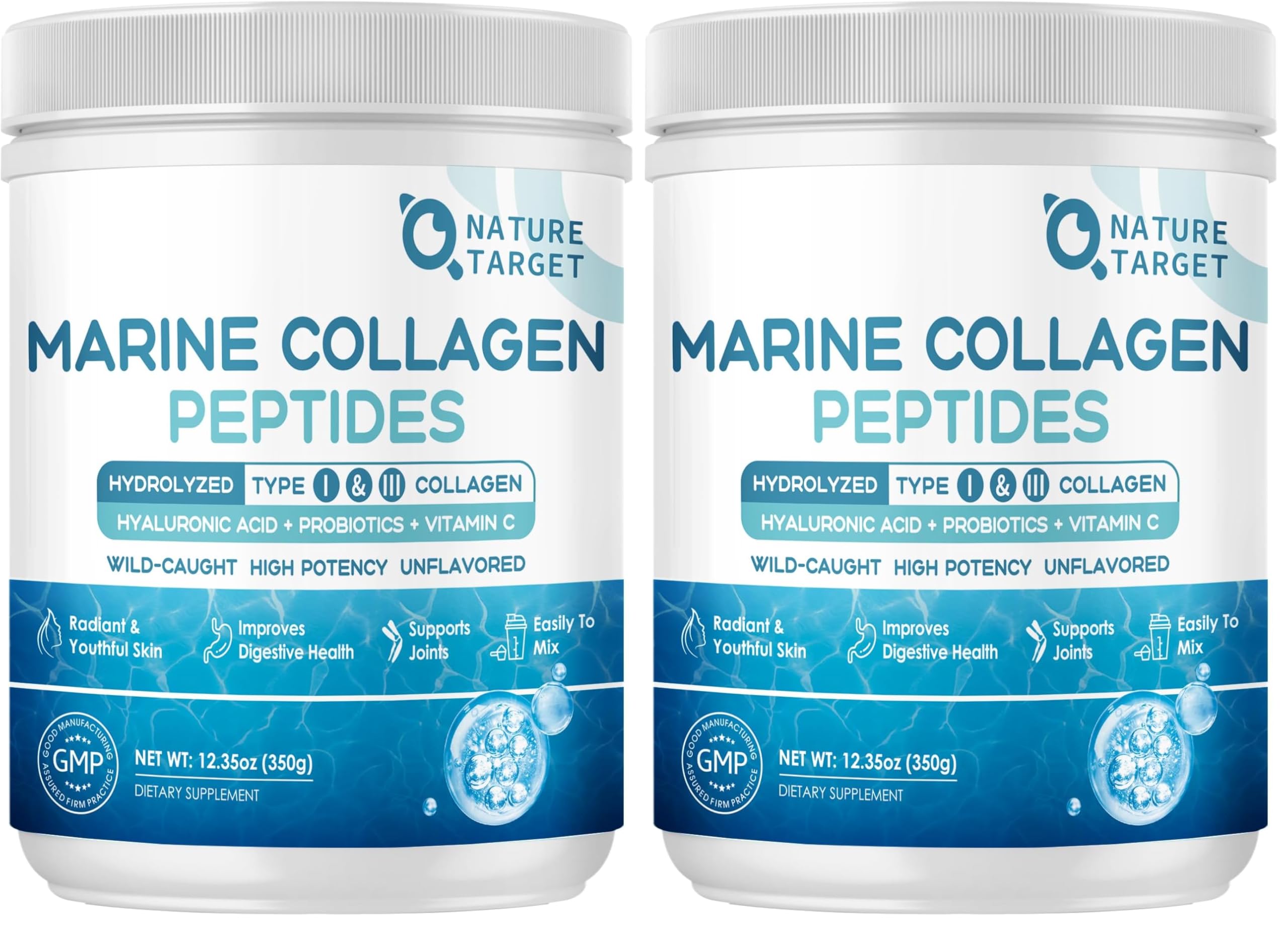 NATURE TARGET Marine Collagen Peptides Powder – Type I & III with Probiotics, Vitamin C & Hyaluronic Acid | 2 x 35 Servings