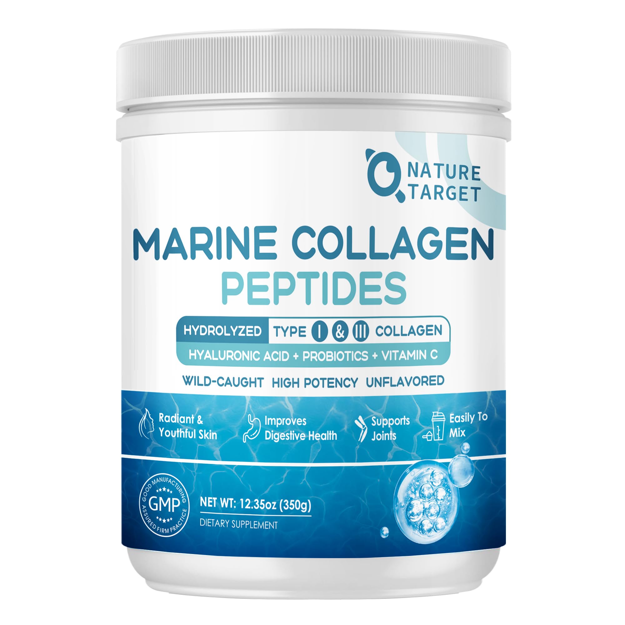 Nature Target Marine Collagen Peptides Powder – Type I & III, Probiotics, Vitamin C & Hyaluronic Acid (35 Servings)