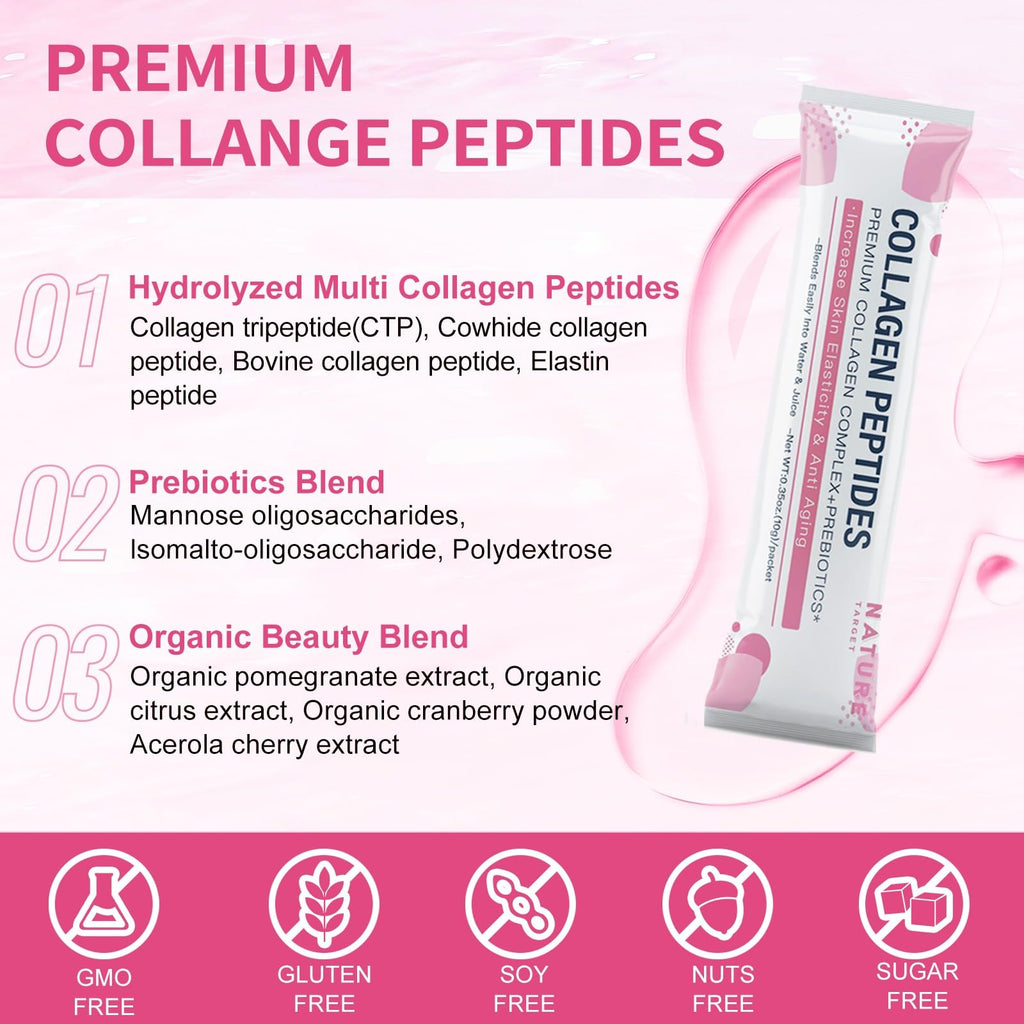 NATURE TARGET Multi Collagen Peptides Powder – Types I–X, Enhanced Absorption, Prebiotics, Sugar-Free, Non-GMO