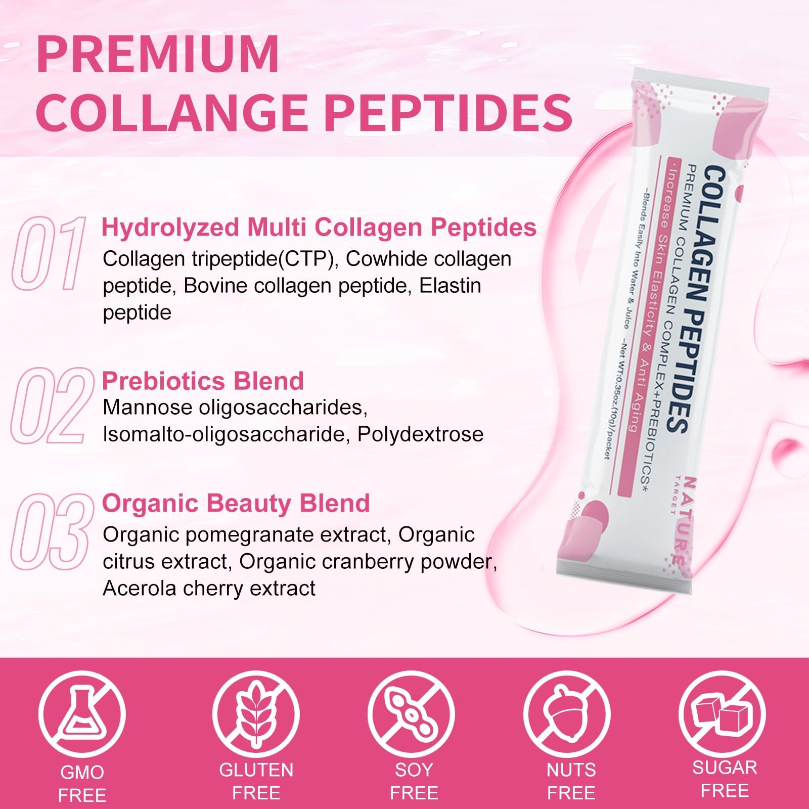 NATURE TARGET Multi Collagen Peptides Powder – Types I–X, Enhanced Absorption, Prebiotics, Sugar-Free, Non-GMO