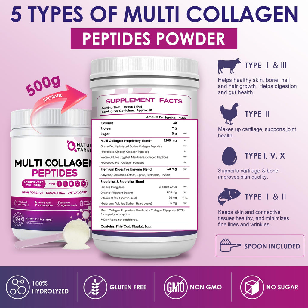 NATURE TARGET Multi Collagen Peptides Powder – Types I–X, Vitamin C + Hyaluronic Acid (Grass-Fed, Non-GMO, 50 Servings)