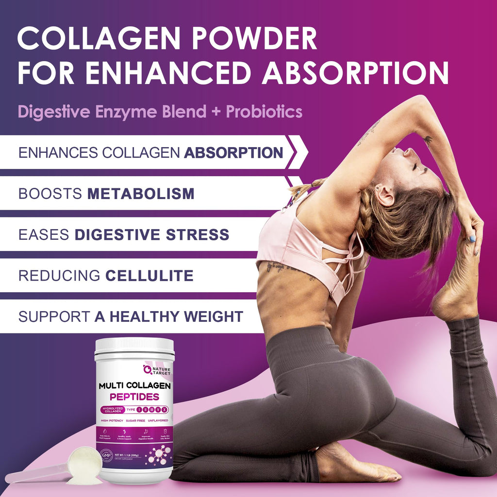 NATURE TARGET Multi Collagen Peptides Powder – Types I–X, Vitamin C + Hyaluronic Acid (Grass-Fed, Non-GMO, 50 Servings)