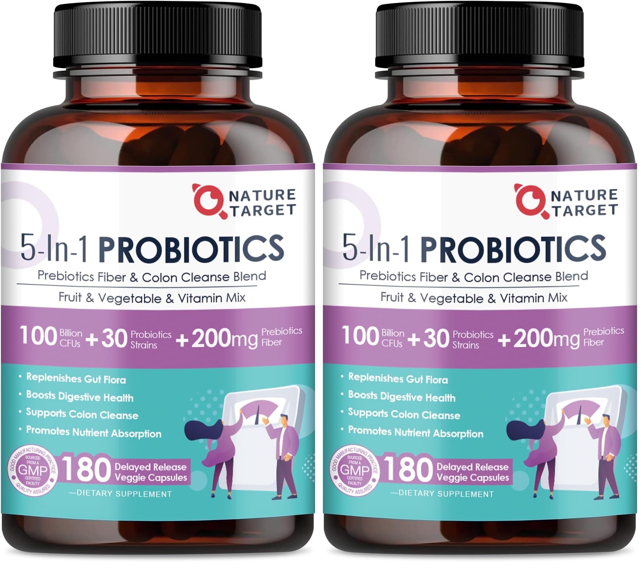 NATURE TARGET Probiotics for Women & Men – 100B CFU, 30 Strains, 180 Veggie Capsules per Pack, Pack of 2 (180 Days)