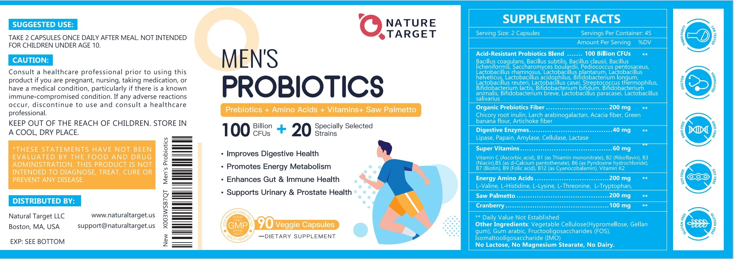 Nature Target Probiotics for Men – Digestive Health with Enzymes & Prebiotics, 100 Billion CFUs, Saw Palmetto & Cranberry, 90 VeggieCaps