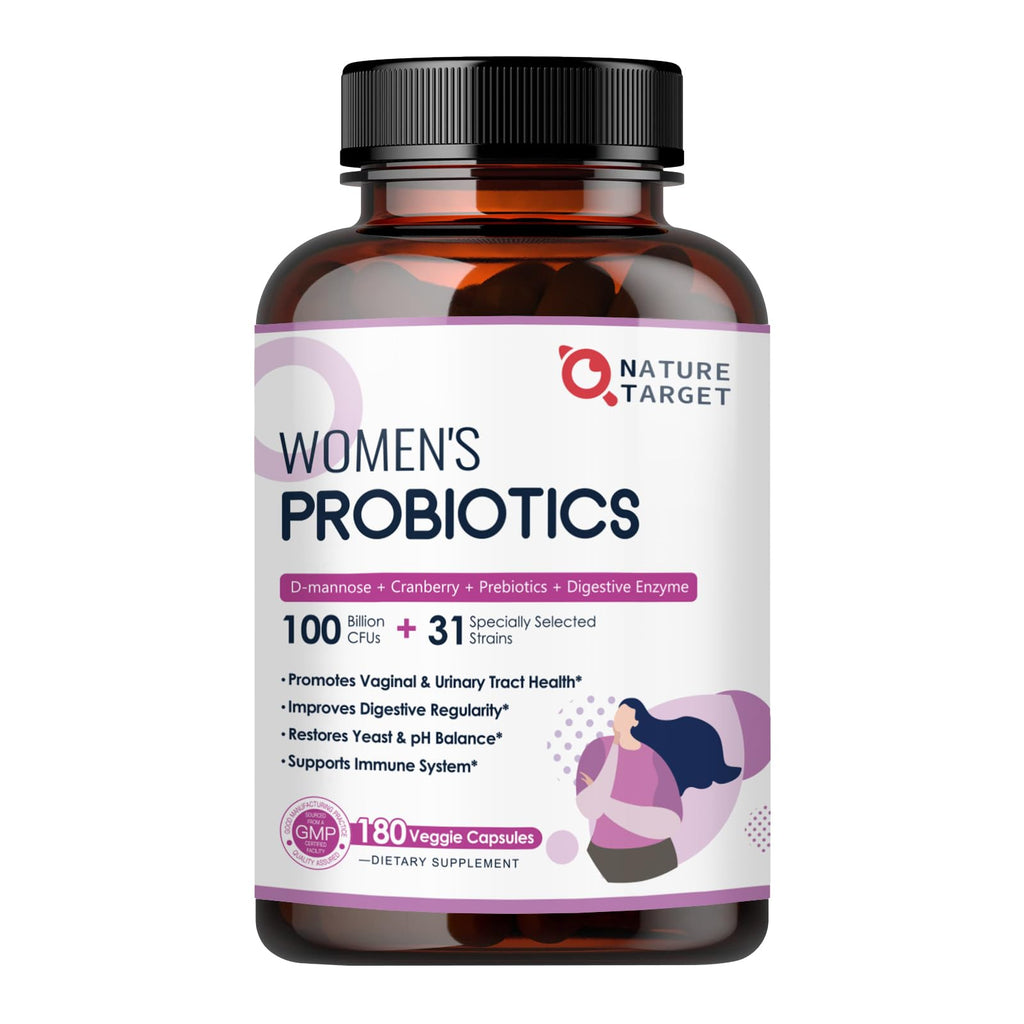 Nature Target Probiotics for Women – 100B CFUs, Enzymes, Prebiotics, Cranberry | 180 Veggie Capsules