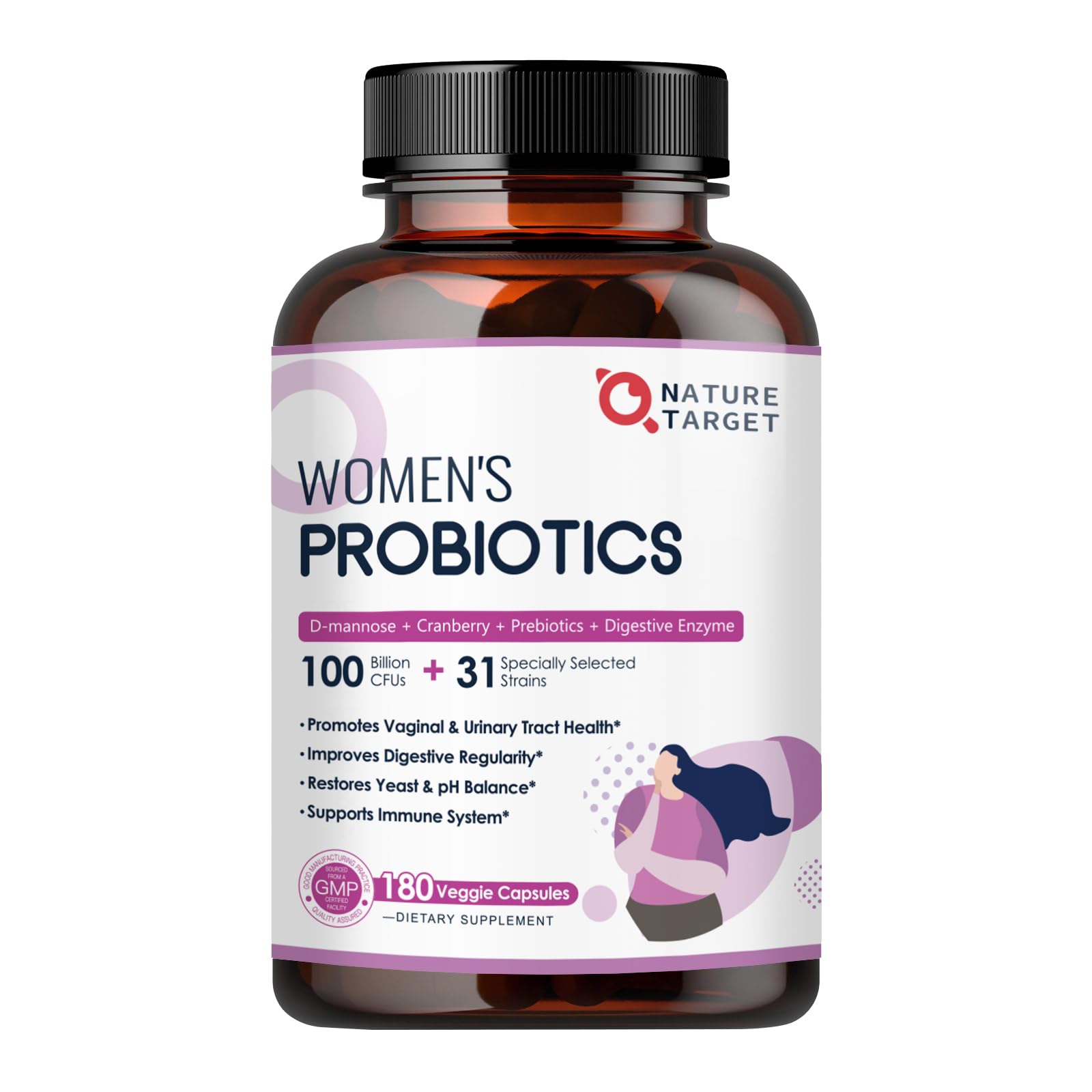 Nature Target Probiotics for Women – 100B CFUs, Enzymes, Prebiotics, Cranberry | 180 Veggie Capsules