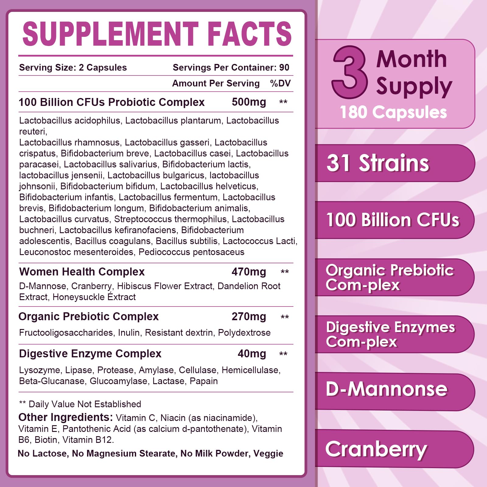 Nature Target Probiotics for Women – 100B CFUs, Enzymes, Prebiotics, Cranberry | 180 Veggie Capsules