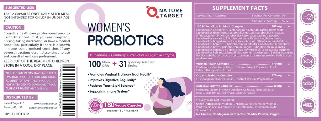 Nature Target Probiotics for Women – 100B CFUs, Enzymes, Prebiotics, Cranberry | 180 Veggie Capsules