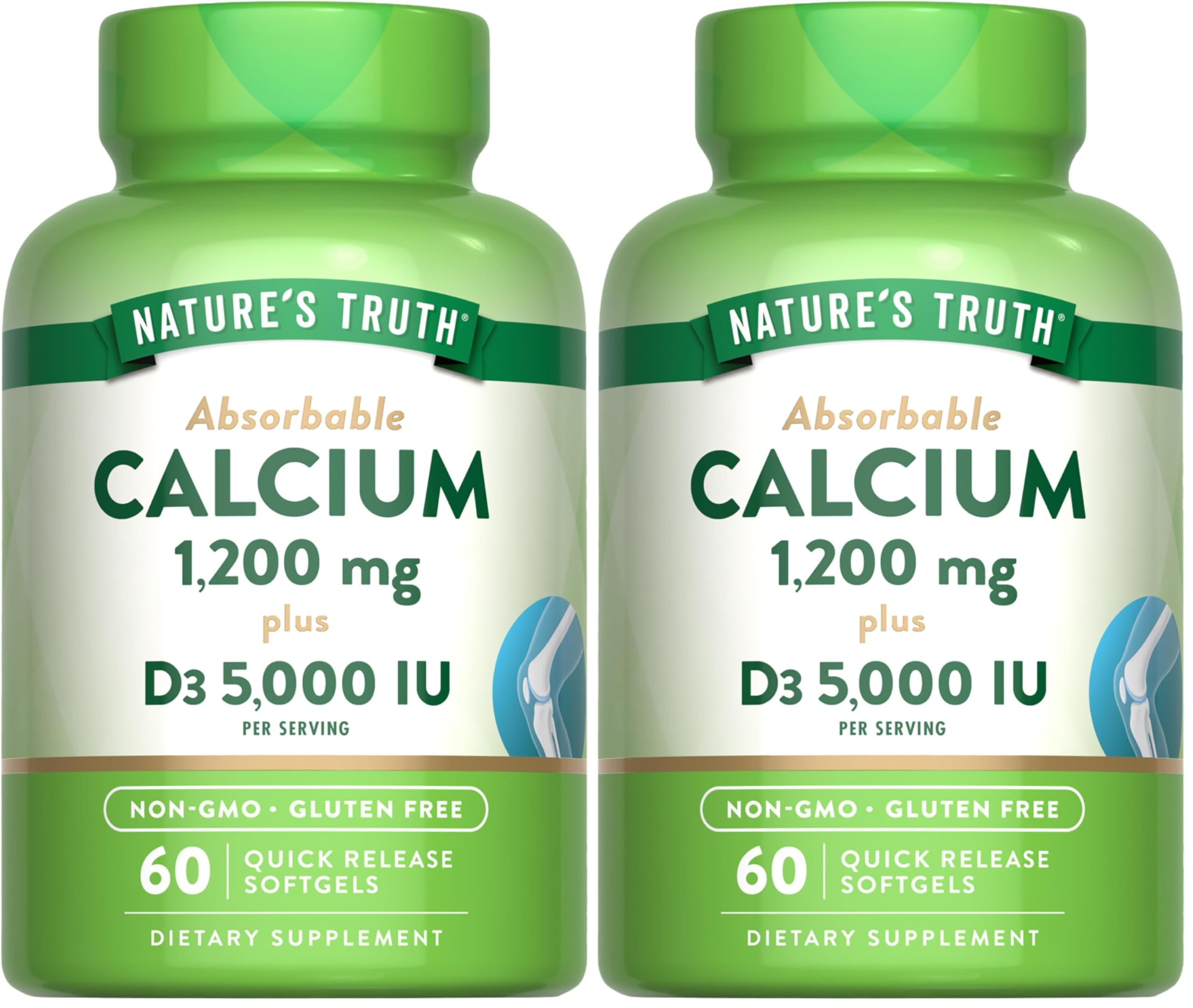 Nature's Truth Calcium 1200mg with Vitamin D3 (5000 IU) - 60 Softgels per Bottle | Pack of 2 | Non-GMO & Gluten Free