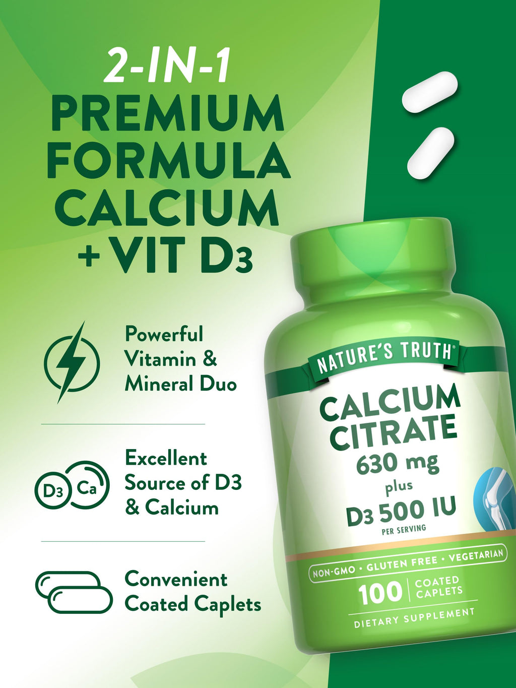 Nature's Truth Calcium Citrate with Vitamin D3 - 100 Caplets Pack of 2 - Vegetarian, Non-GMO & Gluten Free
