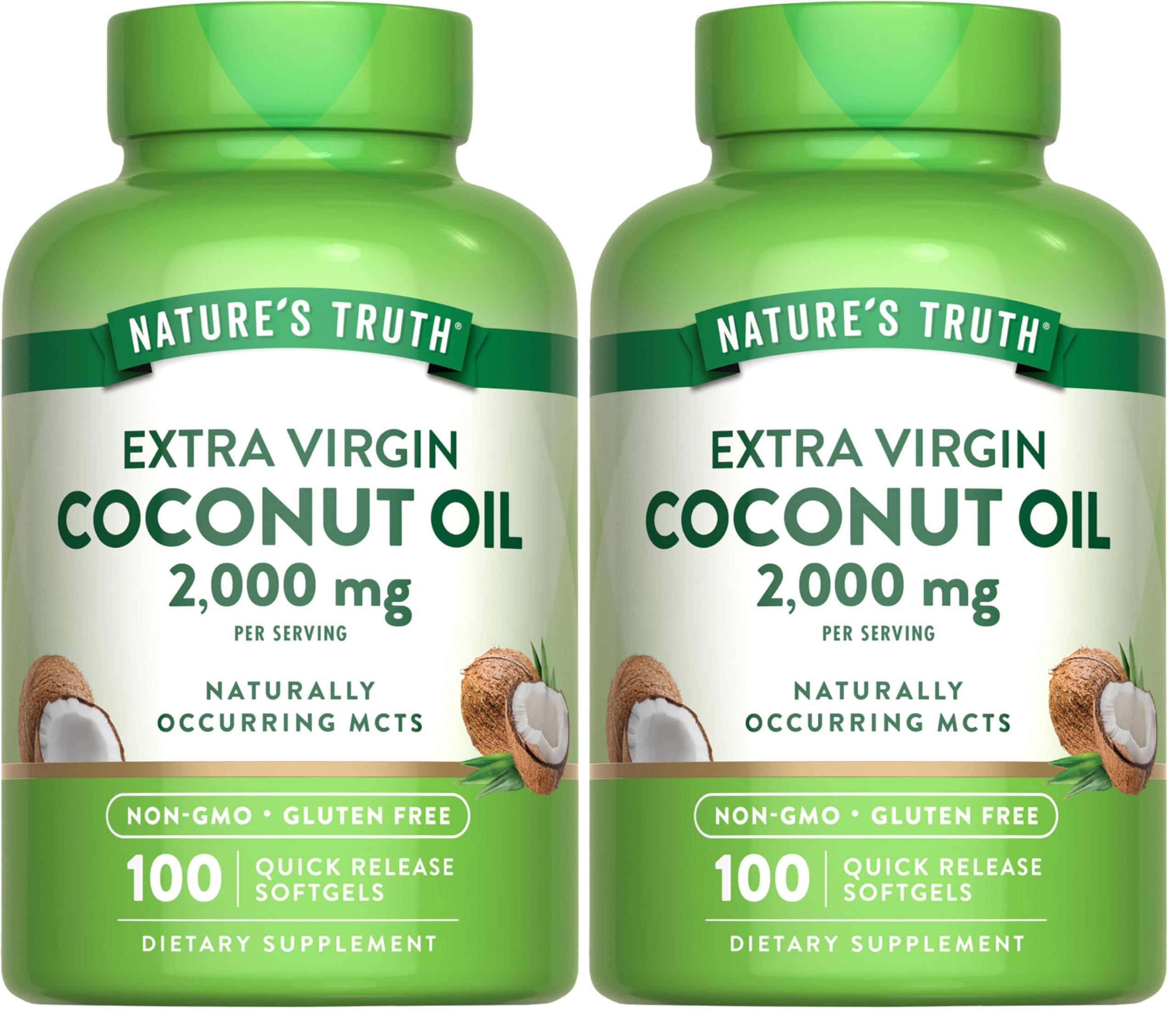 Nature's Truth Coconut Oil Supplement - 2 Pack (100 Softgels) | Naturally Occurring MCTs, Non-GMO, Gluten Free