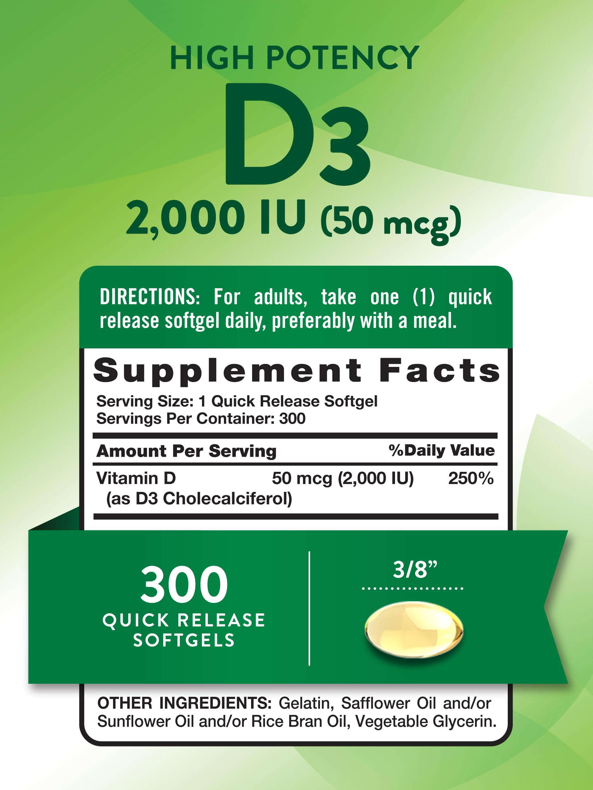 Nature's Truth Vitamin D3 2000 IU | 300 Softgels | High Potency | Non-GMO & Gluten Free