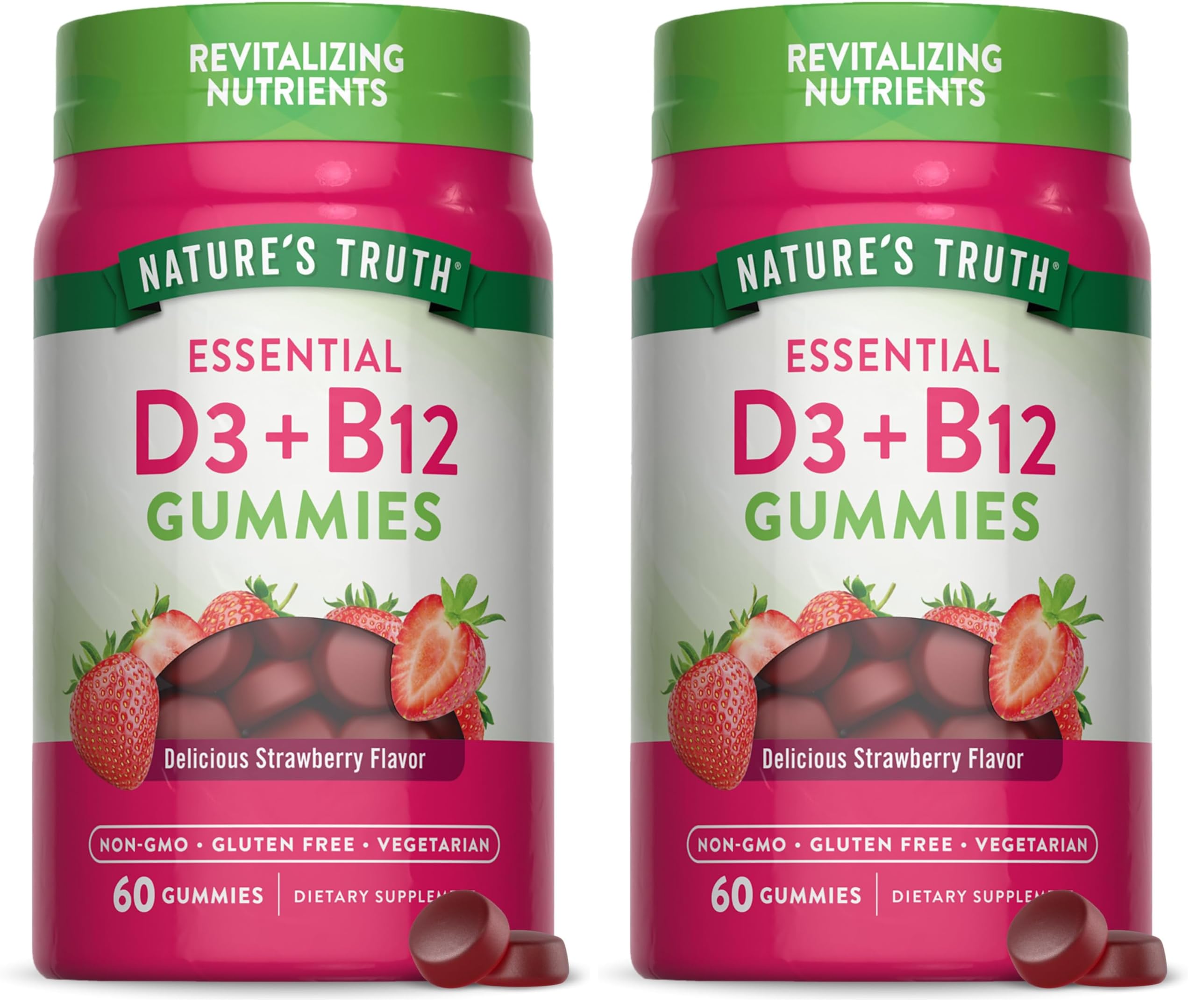 Nature's Truth Vitamin D3 & B12 Gummies for Adults – 60 Count Strawberry, Vegetarian, Non-GMO & Gluten Free (Pack of 2)