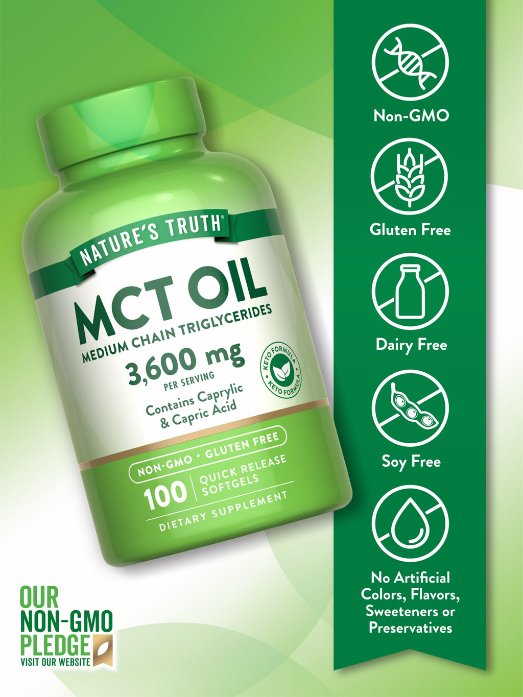 Nature's Truth MCT Oil Pills 3600mg – 100 Softgels | Keto Friendly, Caprylic & Capric Acid