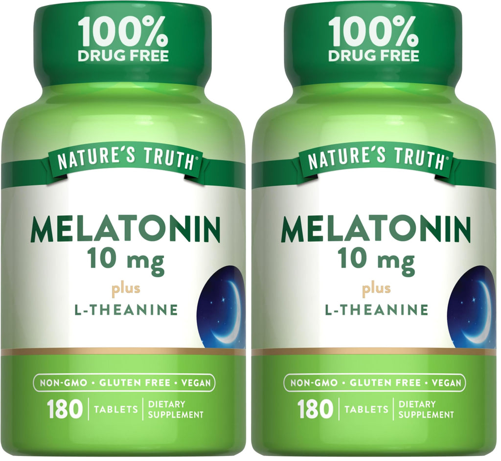 Nature's Truth Melatonin Tablets 10 mg with L-Theanine - 180 Count (Pack of 2) | Vegan, Non-GMO & Gluten Free