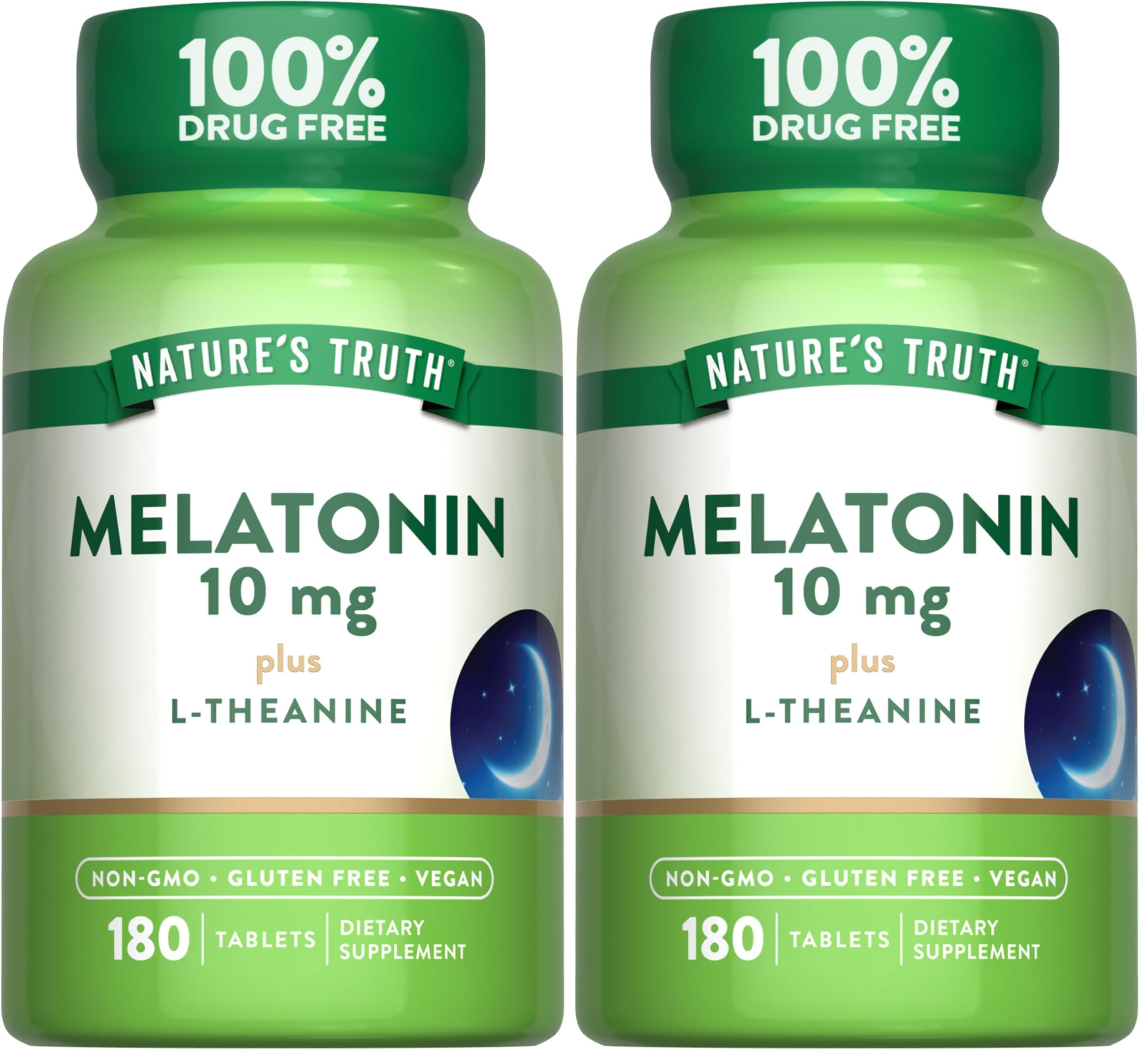 Nature's Truth Melatonin Tablets 10 mg with L-Theanine - 180 Count (Pack of 2) | Vegan, Non-GMO & Gluten Free