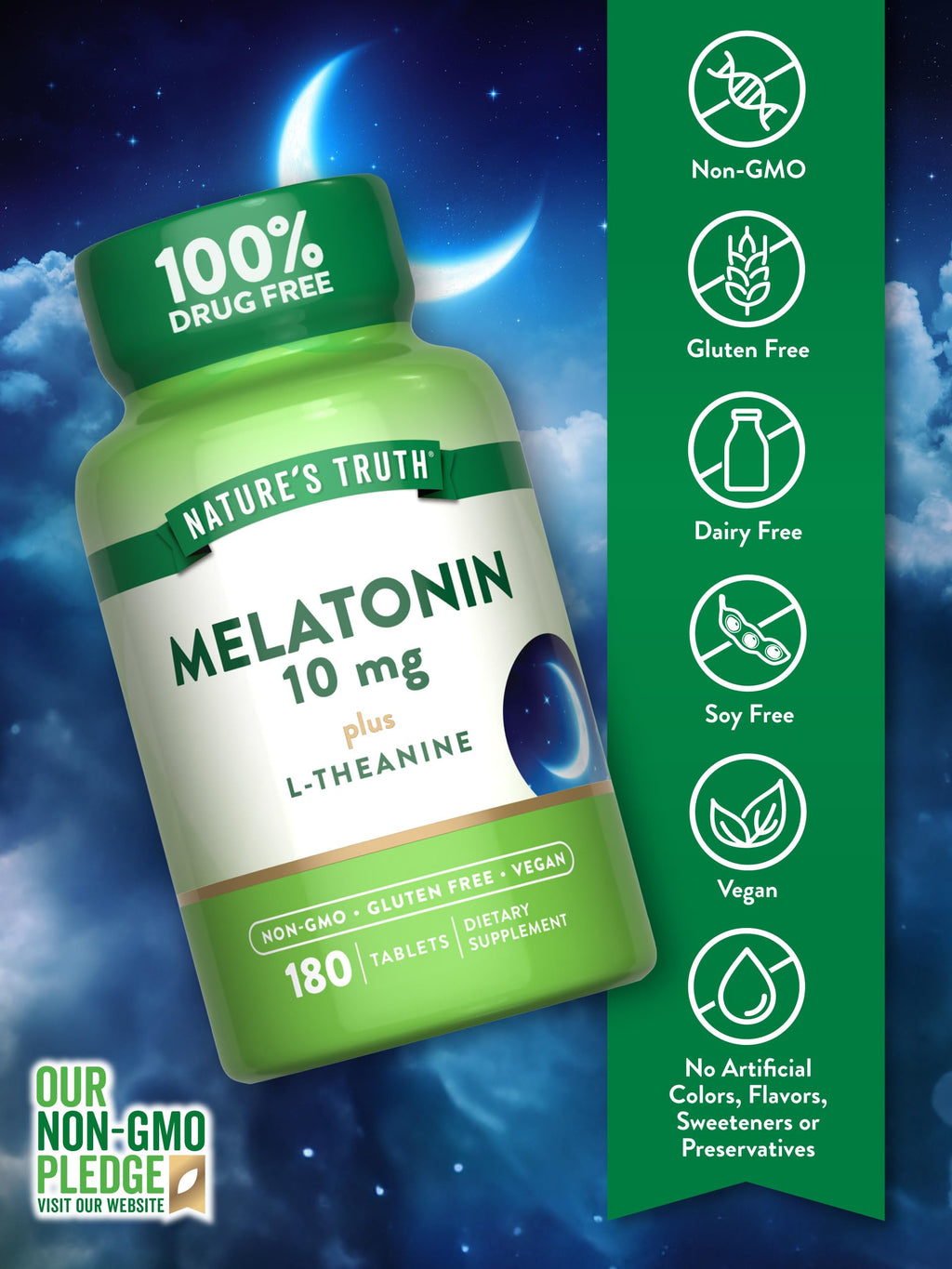 Nature's Truth Melatonin Tablets 10 mg with L-Theanine - 180 Count (Pack of 2) | Vegan, Non-GMO & Gluten Free