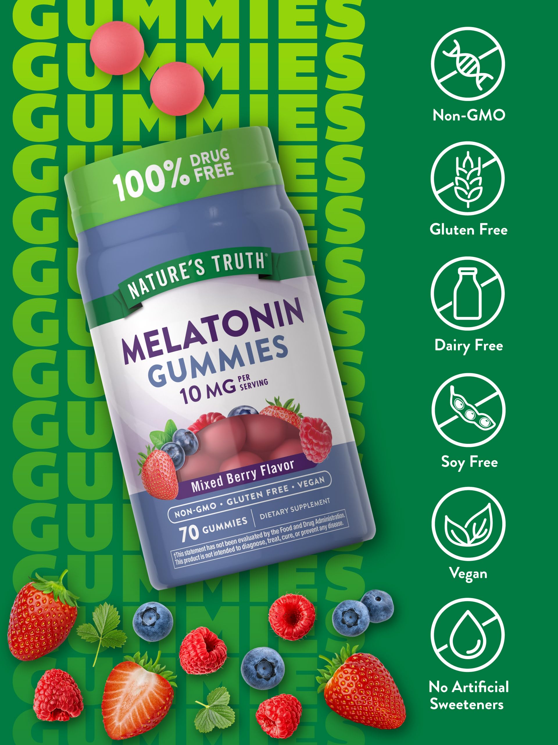 Nature's Truth Melatonin 10mg Gummies – 70 Count, Berry Flavor | Vegan, Non-GMO, Gluten Free