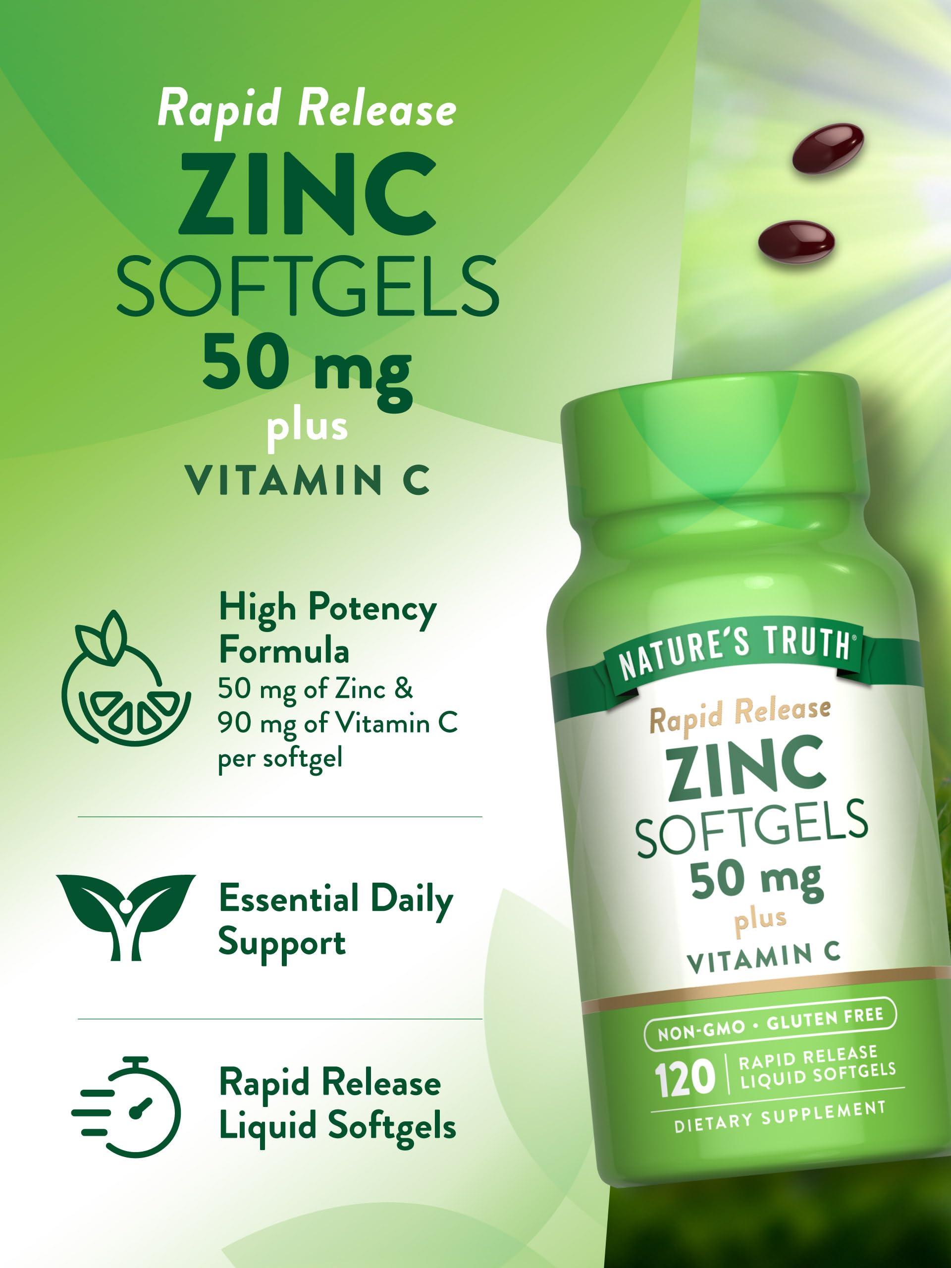 Nature's Truth Zinc with Vitamin C – 50mg, 120 Softgels (Pack of 2) | Non-GMO & Gluten Free