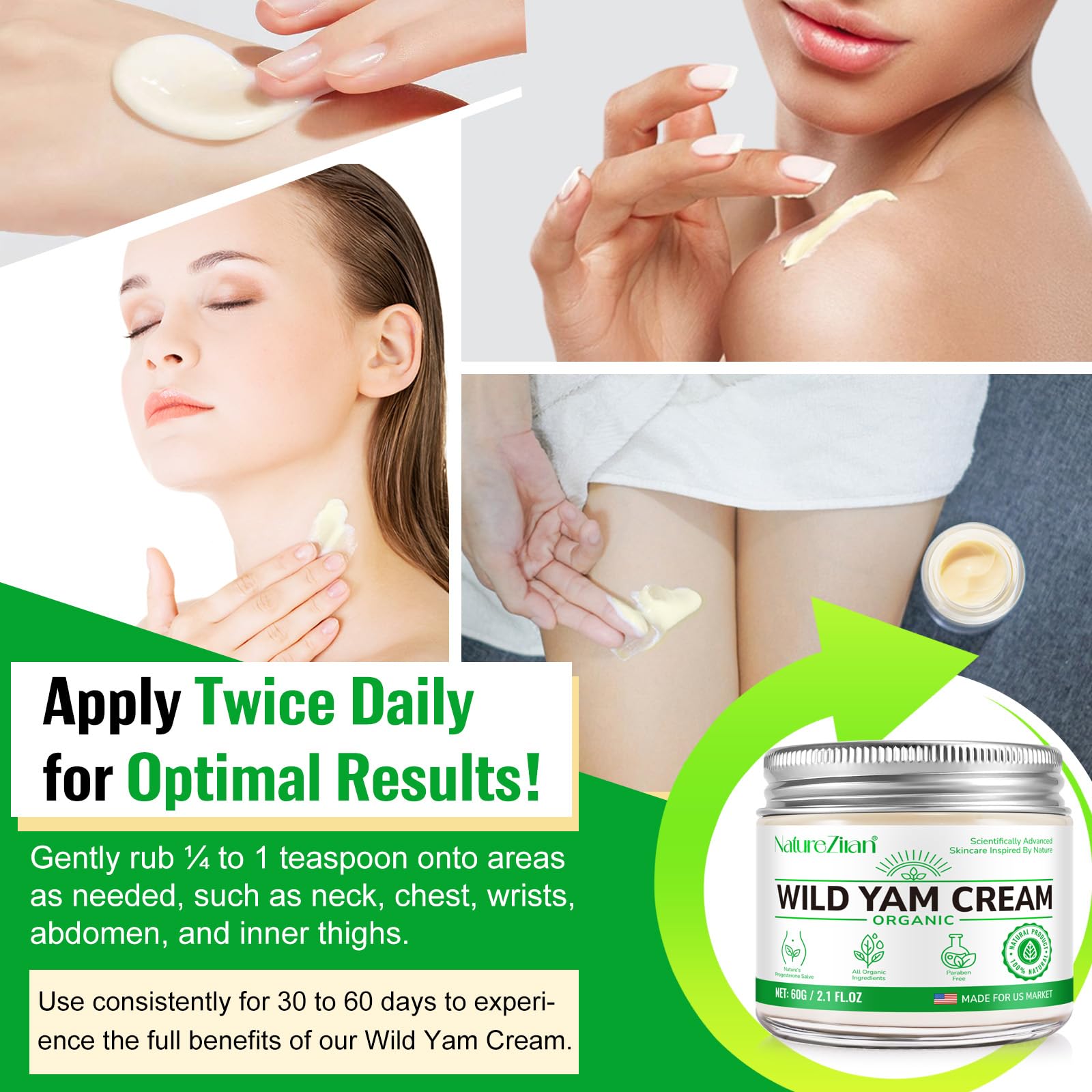 NATURE ZIRAN Wild Yam Cream - Estrogen-Free Skin Cream for Menopause & Period Changes, 2.1 fl oz