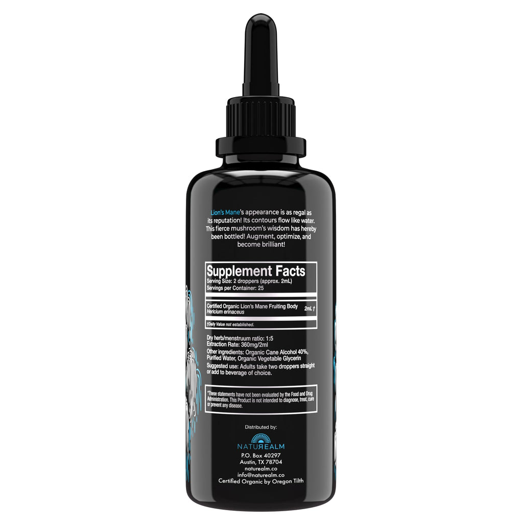 Naturealm Lion's Mane Mushroom Liquid Tincture – Focus, Memory & Brain Health | Vegan, Non-GMO