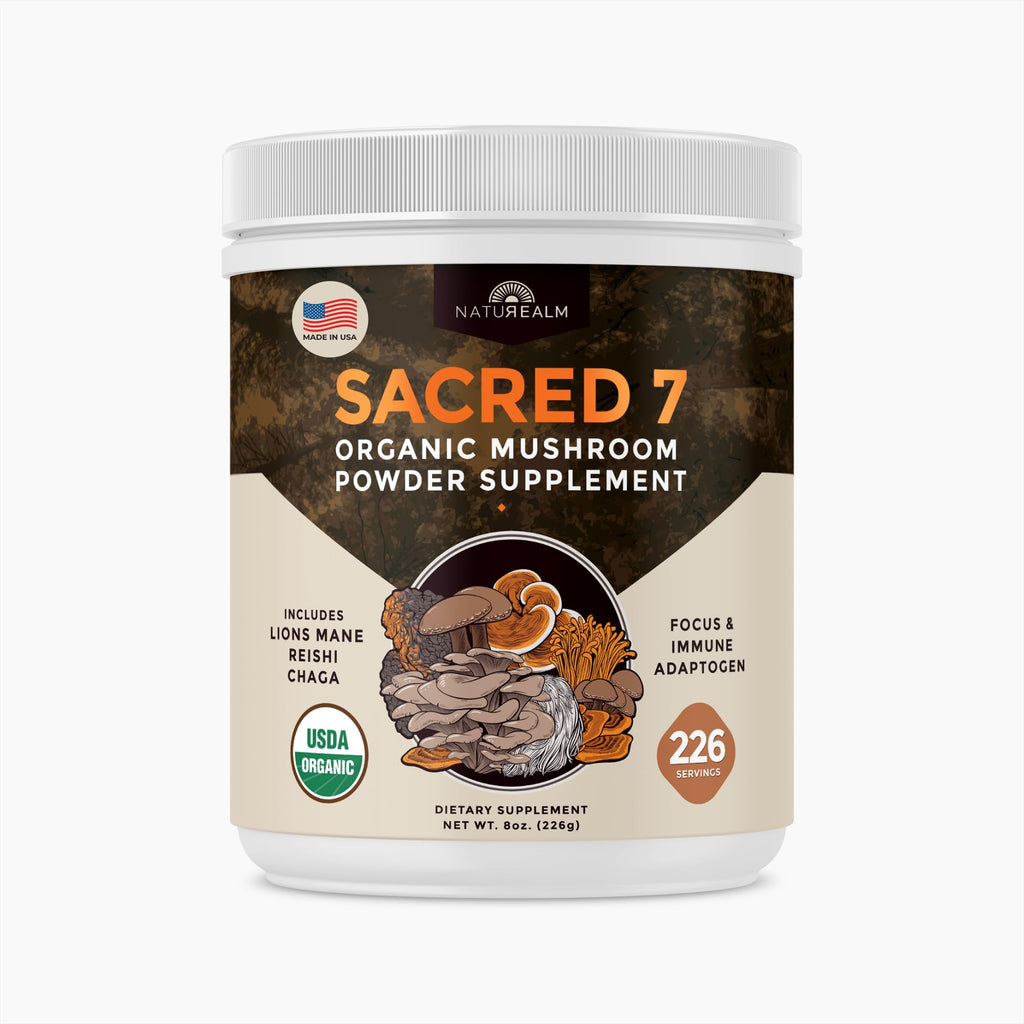 Naturealm Sacred 7 Mushroom Powder – 7-in-1 Blend (7 Month Supply) for Immune Support, Focus & Energy | Coffee Enhancer