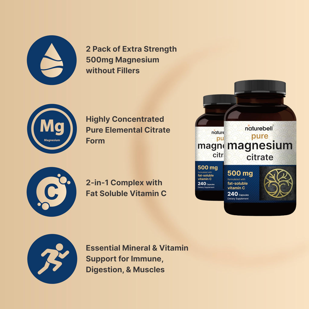 NatureBell 2 Pack Magnesium Citrate 500mg – 480 Capsules | 2-in-1 Vitamin C