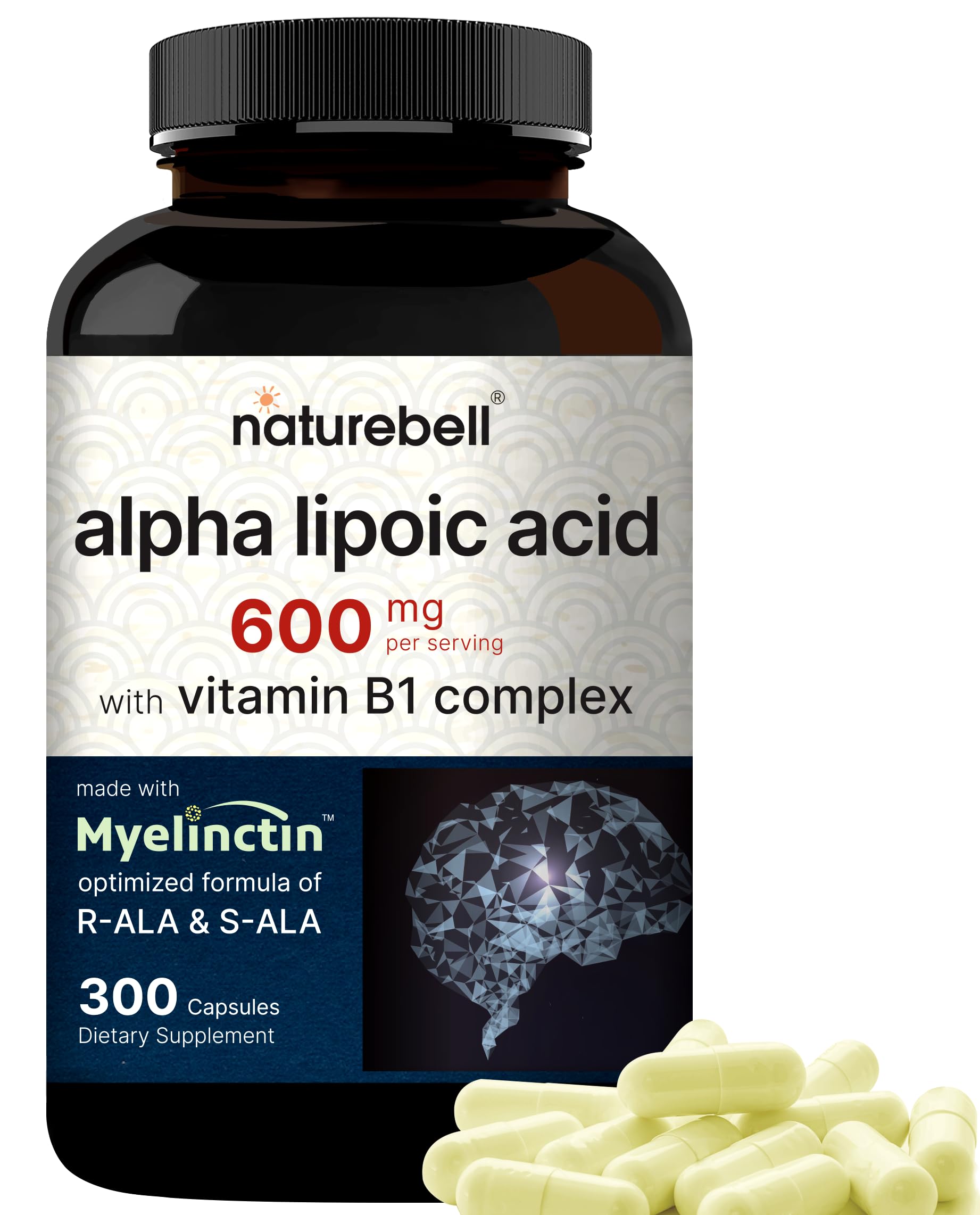 NatureBell Alpha Lipoic Acid Complex 600mg - 300 Capsules | Myelinctin Formula