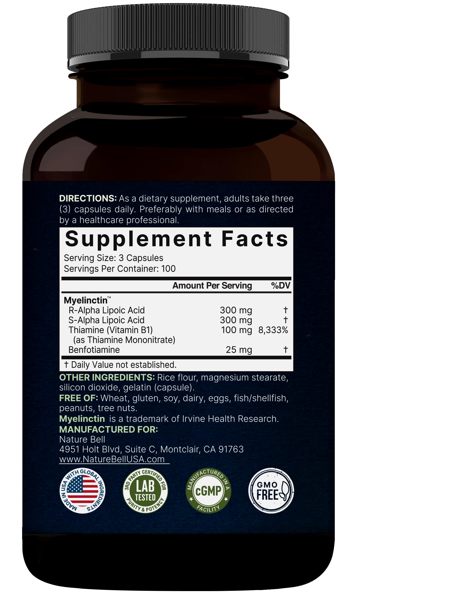 NatureBell Alpha Lipoic Acid Complex 600mg - 300 Capsules | Myelinctin Formula