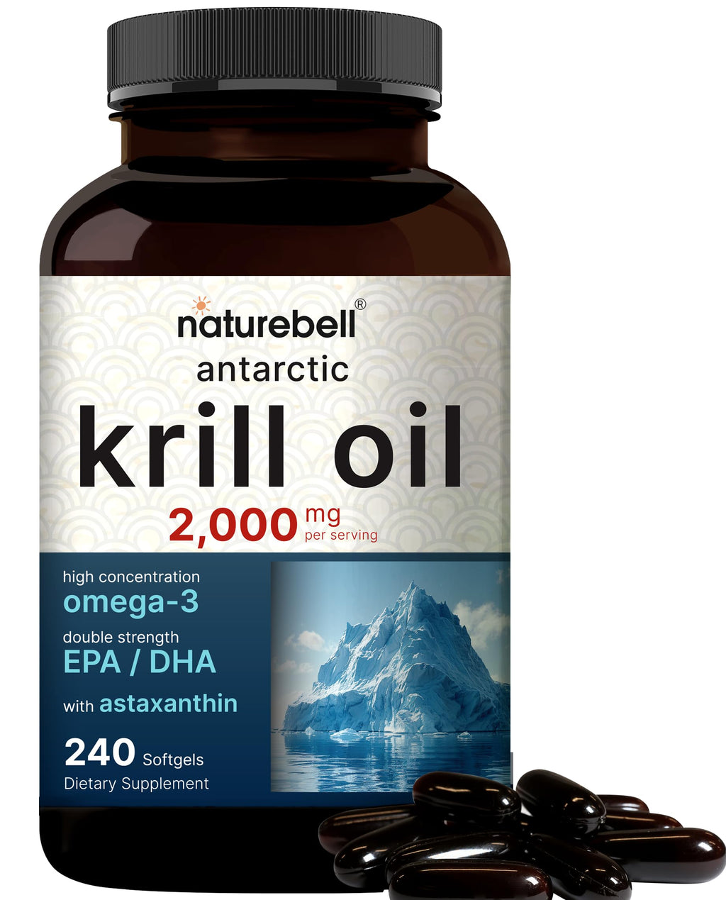 NatureBell Antarctic Krill Oil 2000mg - 240 Softgels - 3x Strength | EPA 240mg DHA 160mg Astaxanthin 800mcg