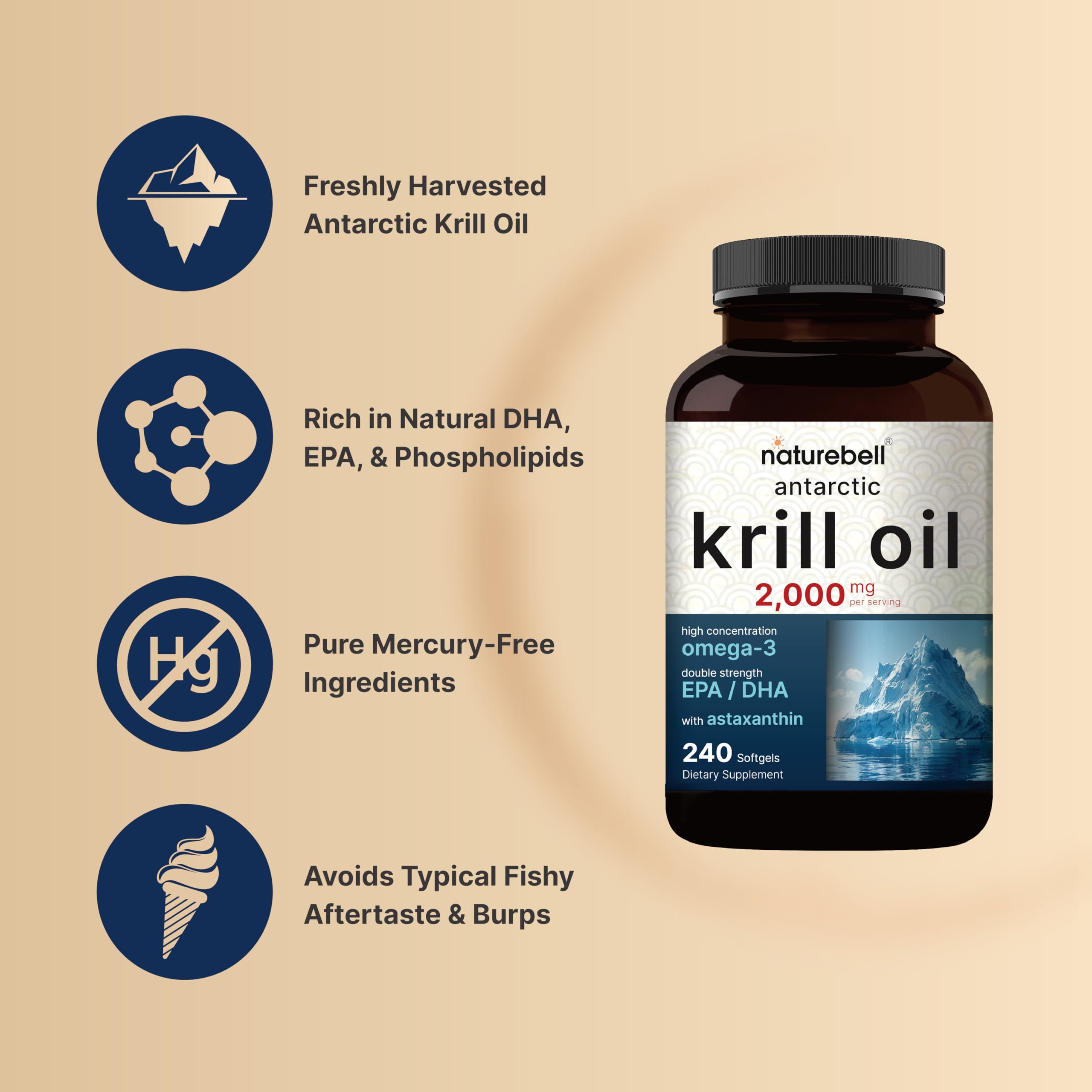 NatureBell Antarctic Krill Oil 2000mg - 240 Softgels - 3x Strength | EPA 240mg DHA 160mg Astaxanthin 800mcg