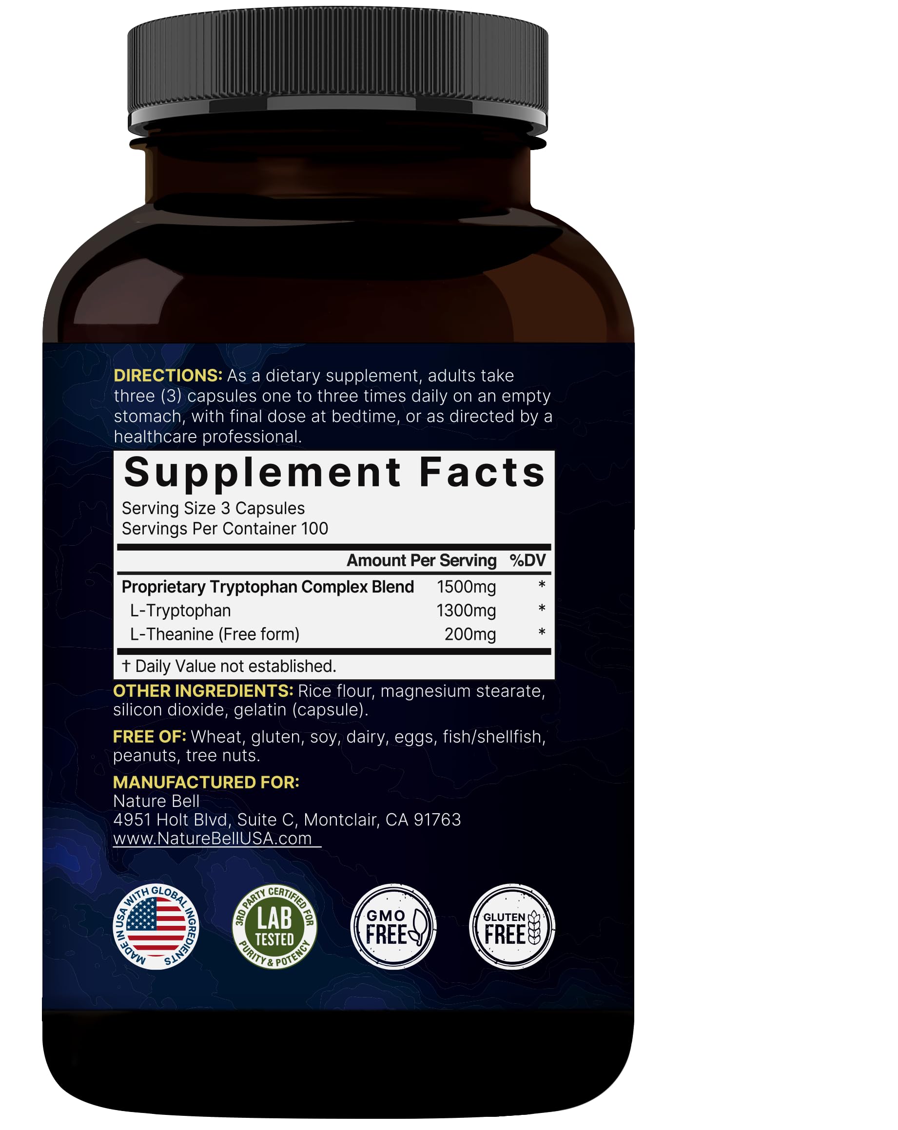 NatureBell L-Tryptophan 1300mg + L-Theanine 200mg | 300 Caps | Calm & Relaxation