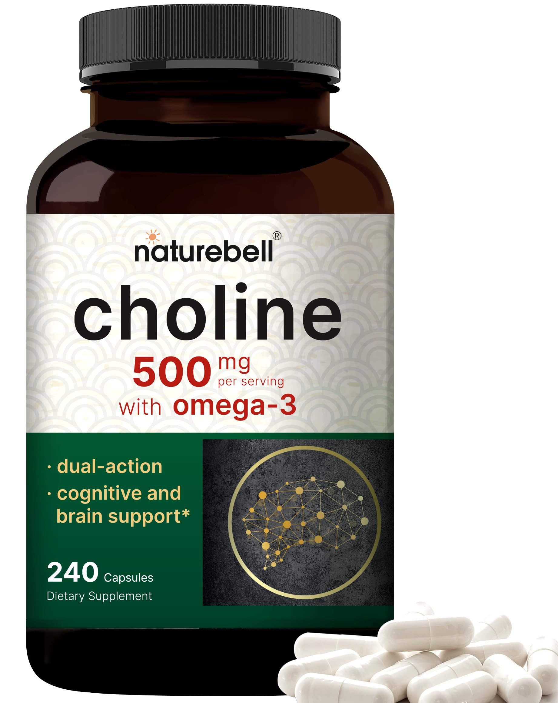 NatureBell Choline 500mg + Omega-3 - 240 Capsules | Prenatal Support & Brain Health