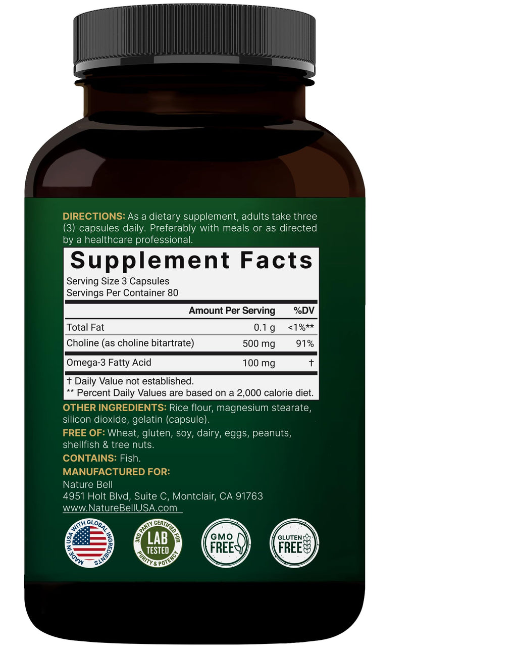 NatureBell Choline 500mg + Omega-3 - 240 Capsules | Prenatal Support & Brain Health