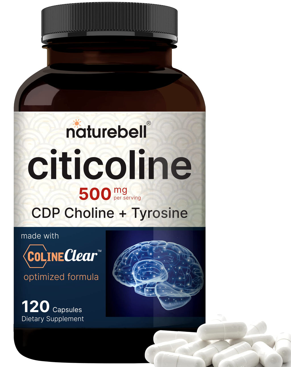 NatureBell Citicoline 500mg + Tyrosine 50mg – 120 Capsules | Dual Action Brain Support