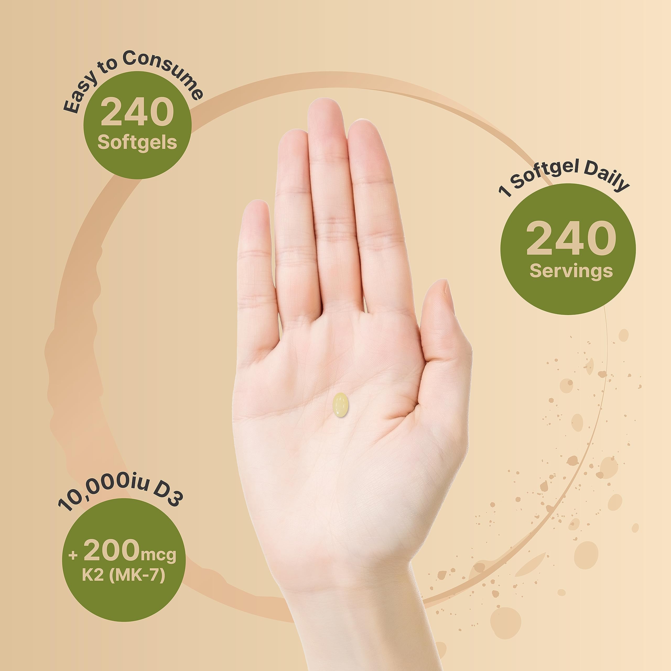 NatureBell Vitamin D3 10,000 IU + K2 200 mcg (MK-7) - 240 Softgels, Coconut Oil, Non-GMO