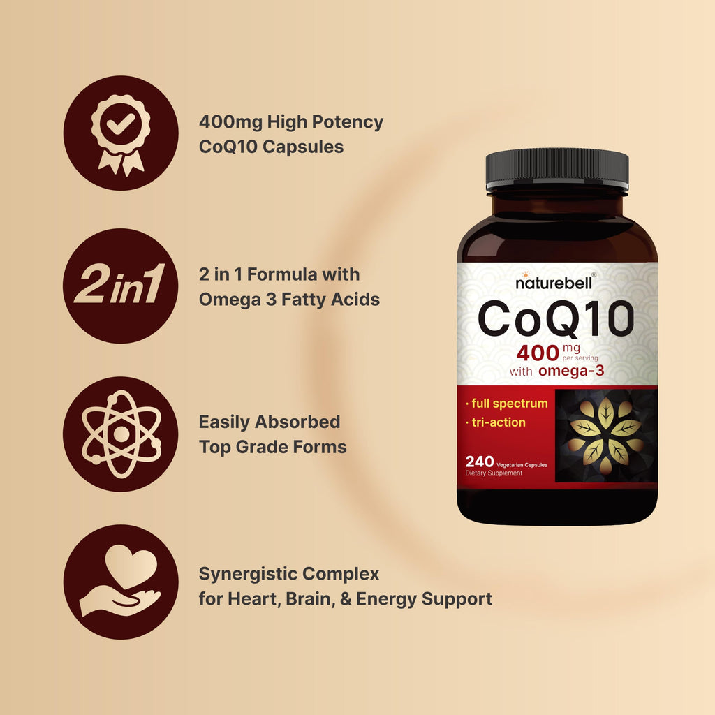 NatureBell CoQ10 400mg with Omega-3 – 240 Capsules | Extra Strength, High Absorption CoQ10 for Heart Health & Energy