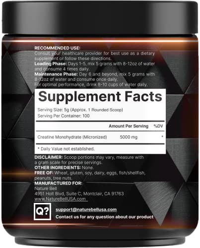 NatureBell 2 Pack Creatine Monohydrate Powder 500g – 5,000mg per Serving, 200 Servings | Keto & Vegan