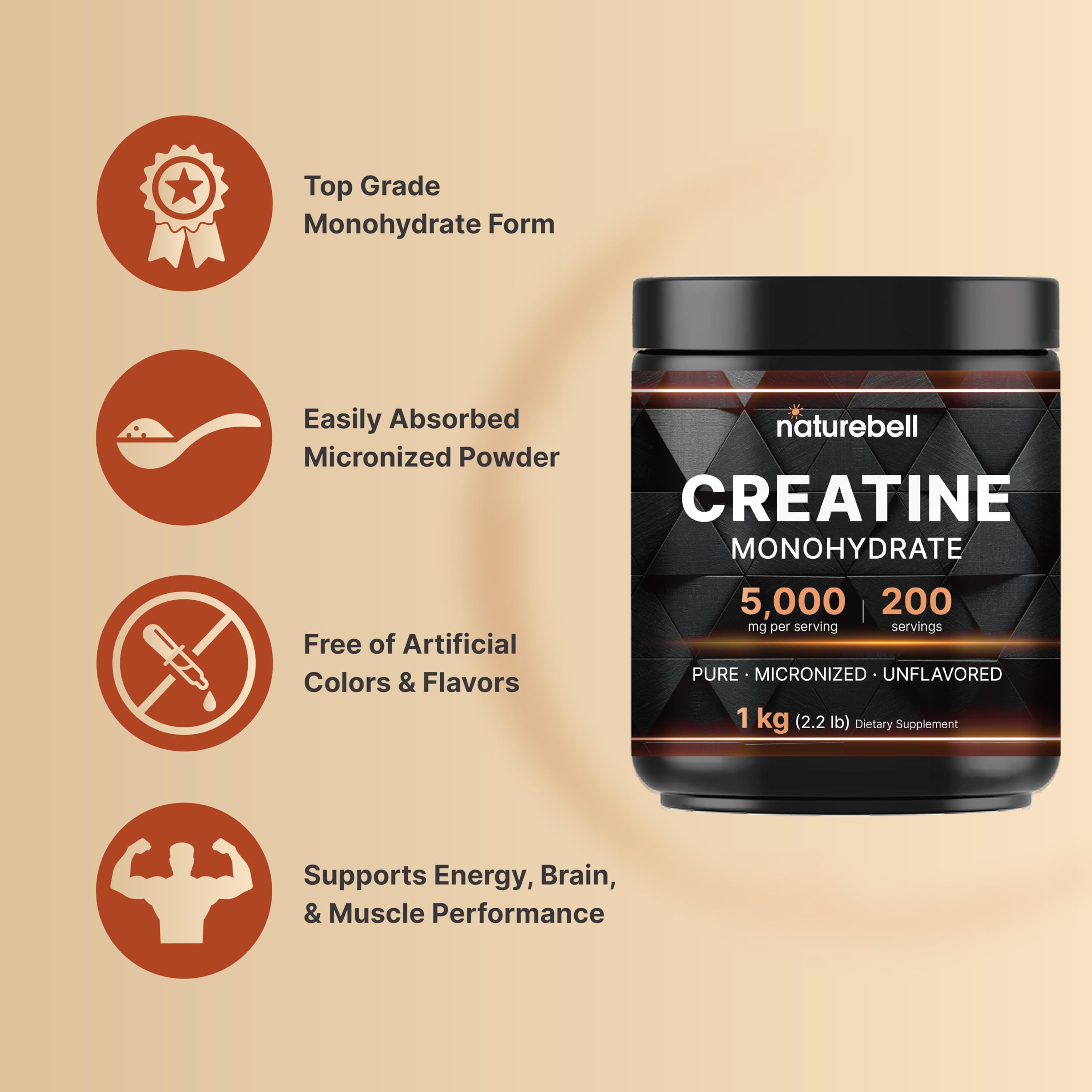 NatureBell Creatine Monohydrate Powder 1,000g | 200 Servings | Micronized & Unflavored