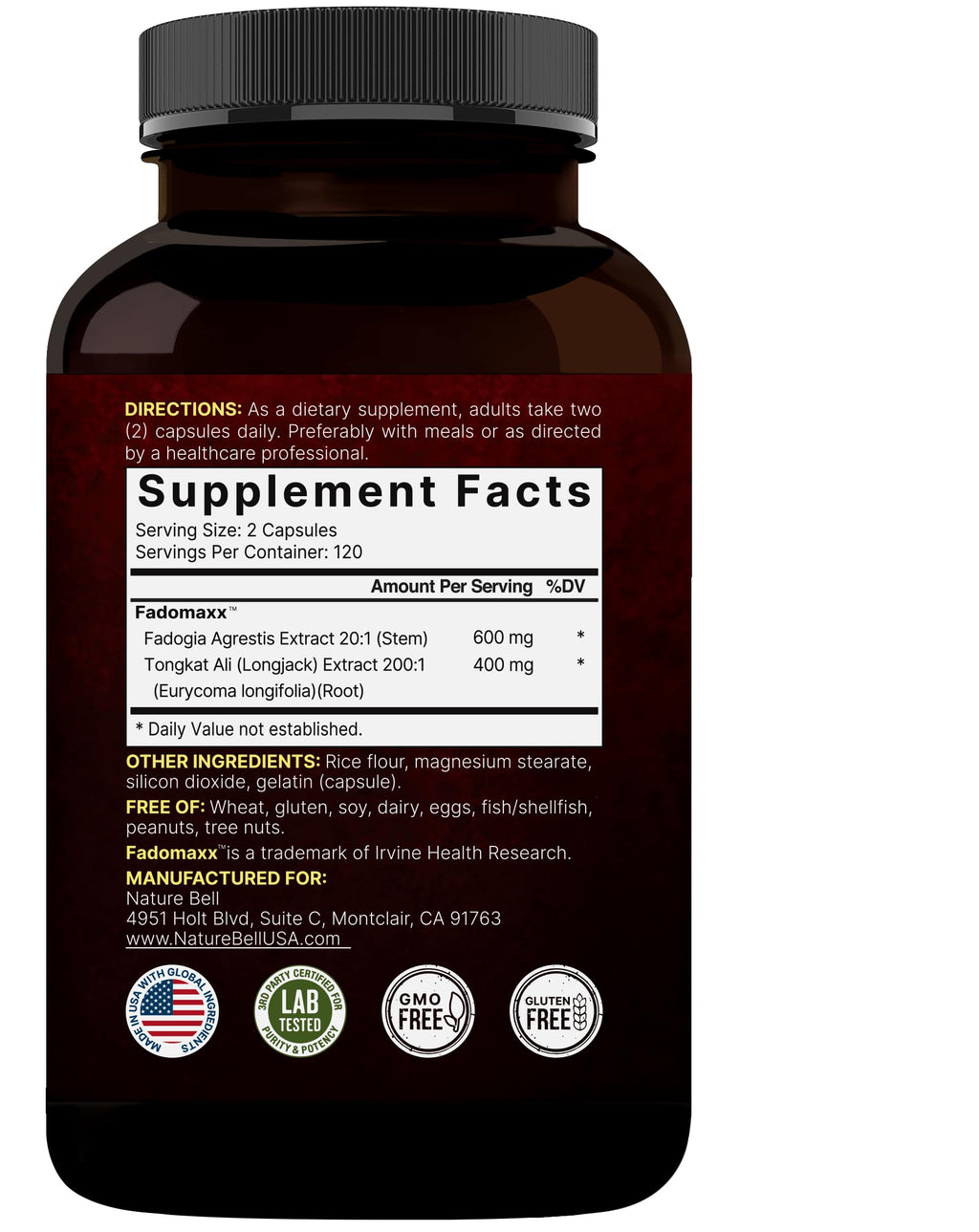 NatureBell Fadogia Agrestis 600mg + Tongkat Ali 400mg | 240 Caps | 20:1 & 200:1 Extracts | Non-GMO