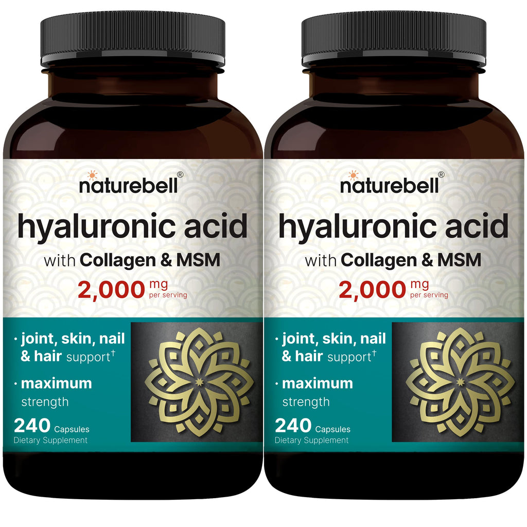 NatureBell 2 Pack Hyaluronic Acid 2000 mg | 480 Capsules with MSM & Hydrolyzed Collagen – Skin Hydration, Joints, Hair & Eyes
